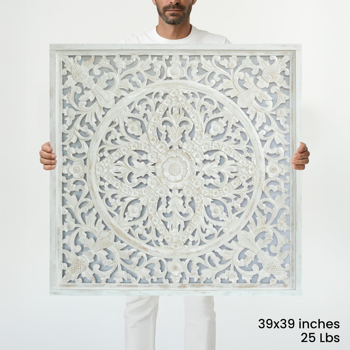 Carved Decorative Panel "Ceningan" - White Wash - 40 Inches