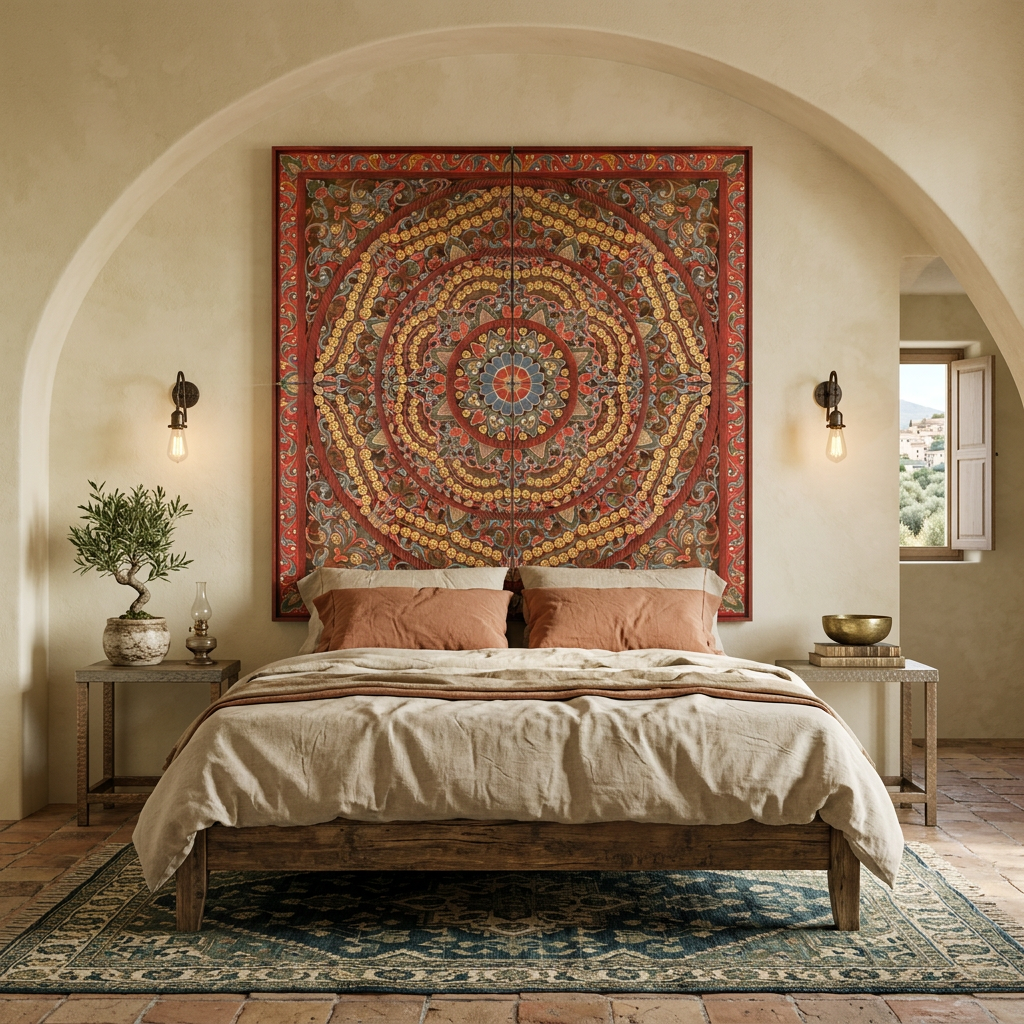 Carved Bed Headboard 'Malawi' - Multicolour Red