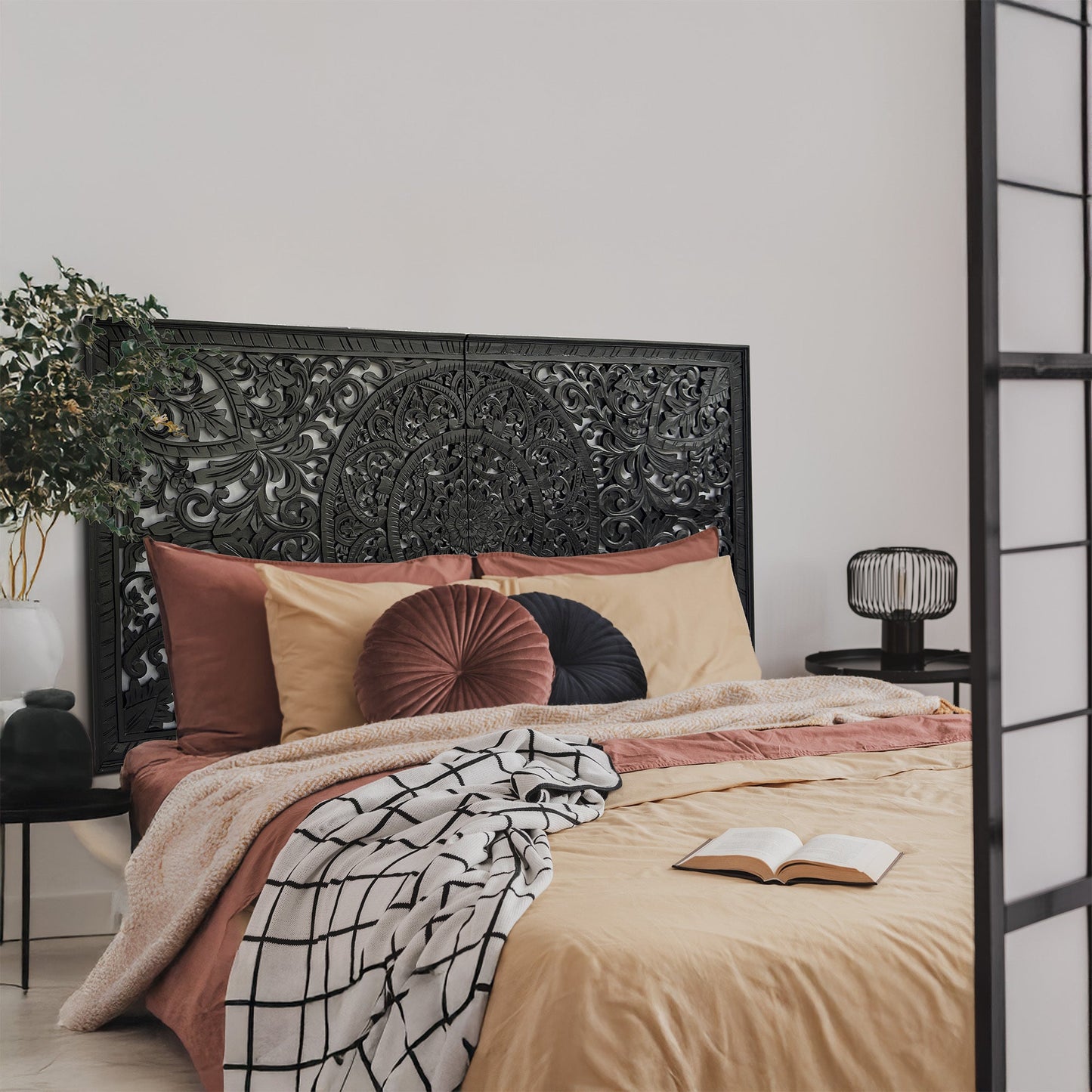 Carved Half Size Mandala Bed Headboard "Manusa"- Black