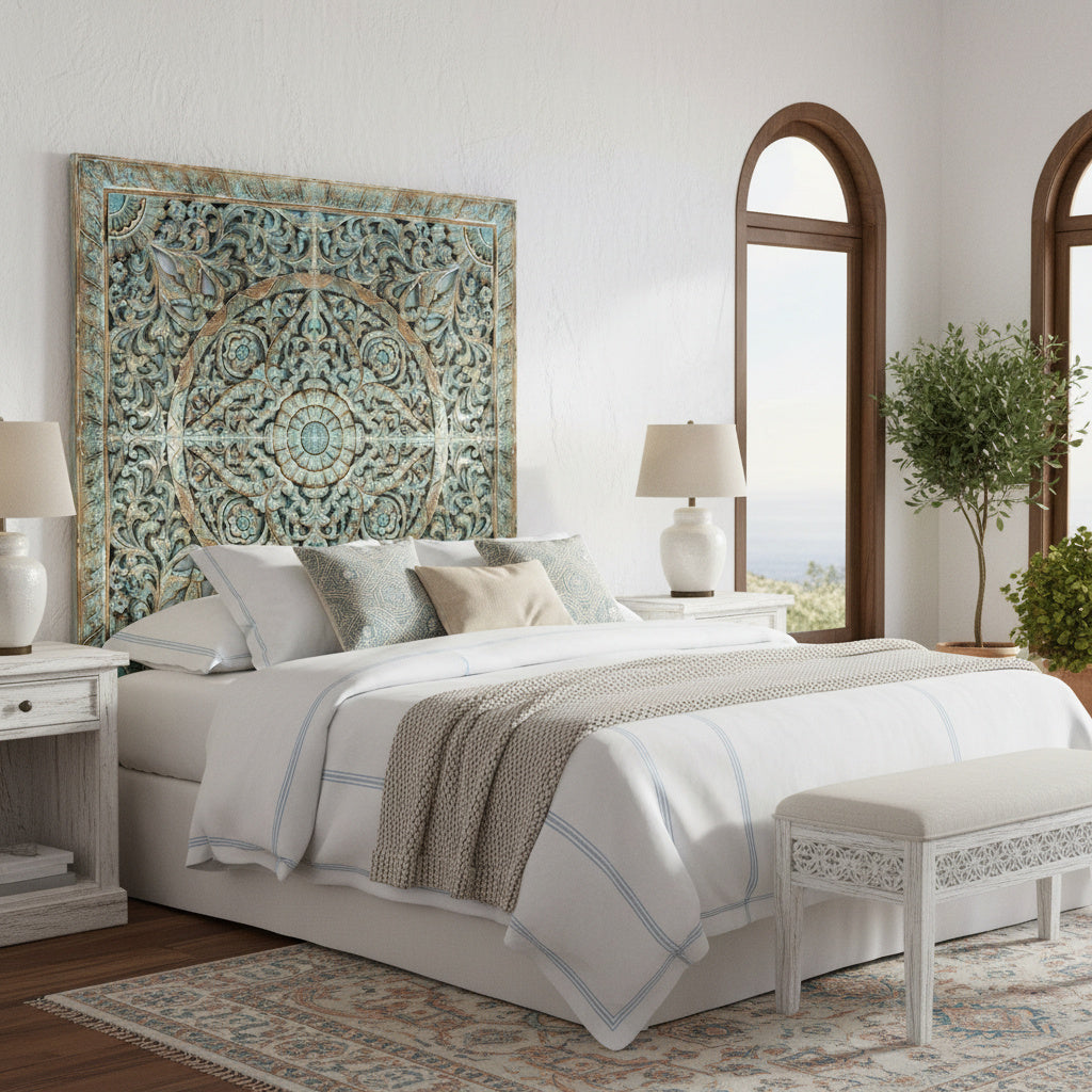 Carved Full Bed Headboard "Samudra" - Green Wash
