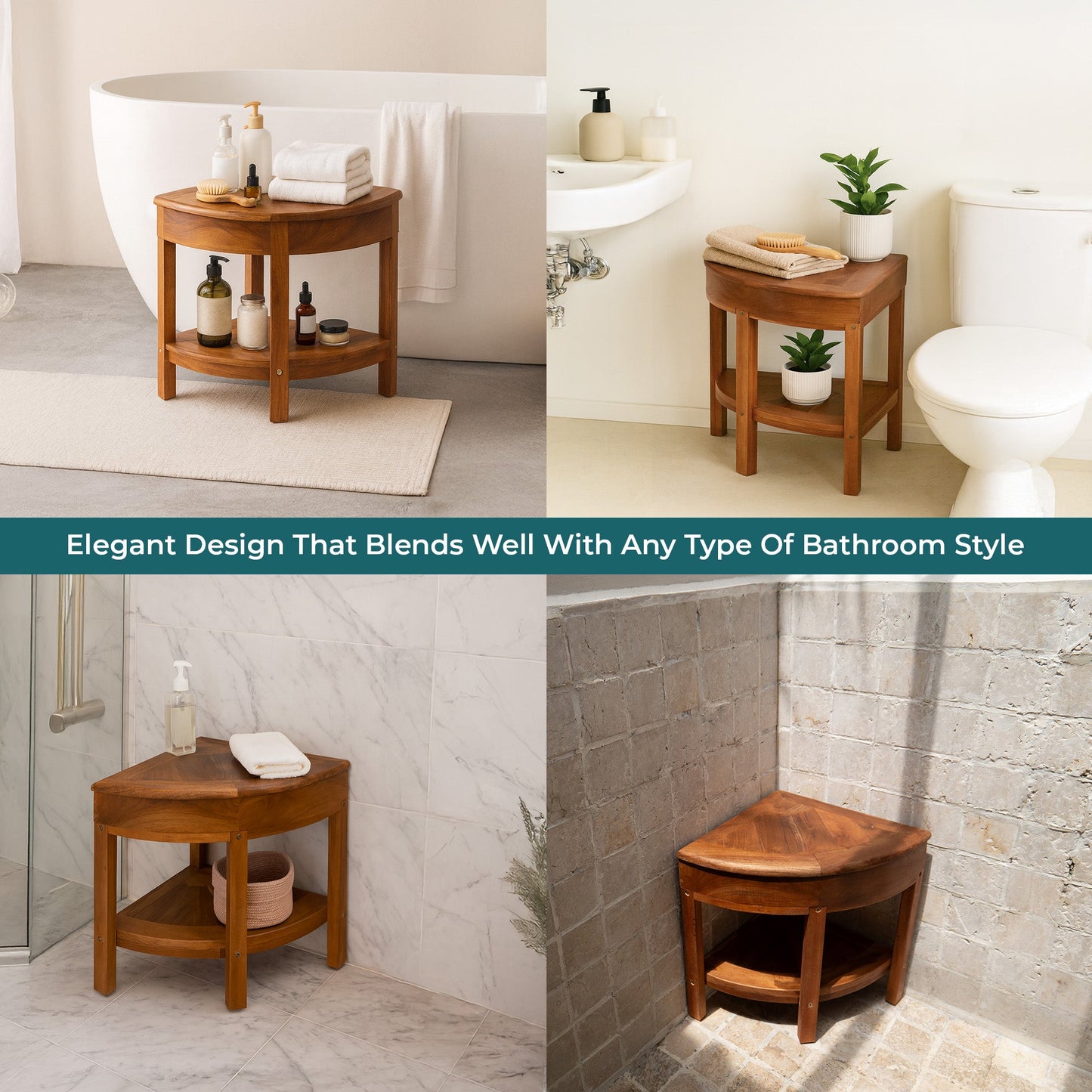 New Teak Shower Corner Bench [with Extra Waterproof Storage] 16 inch