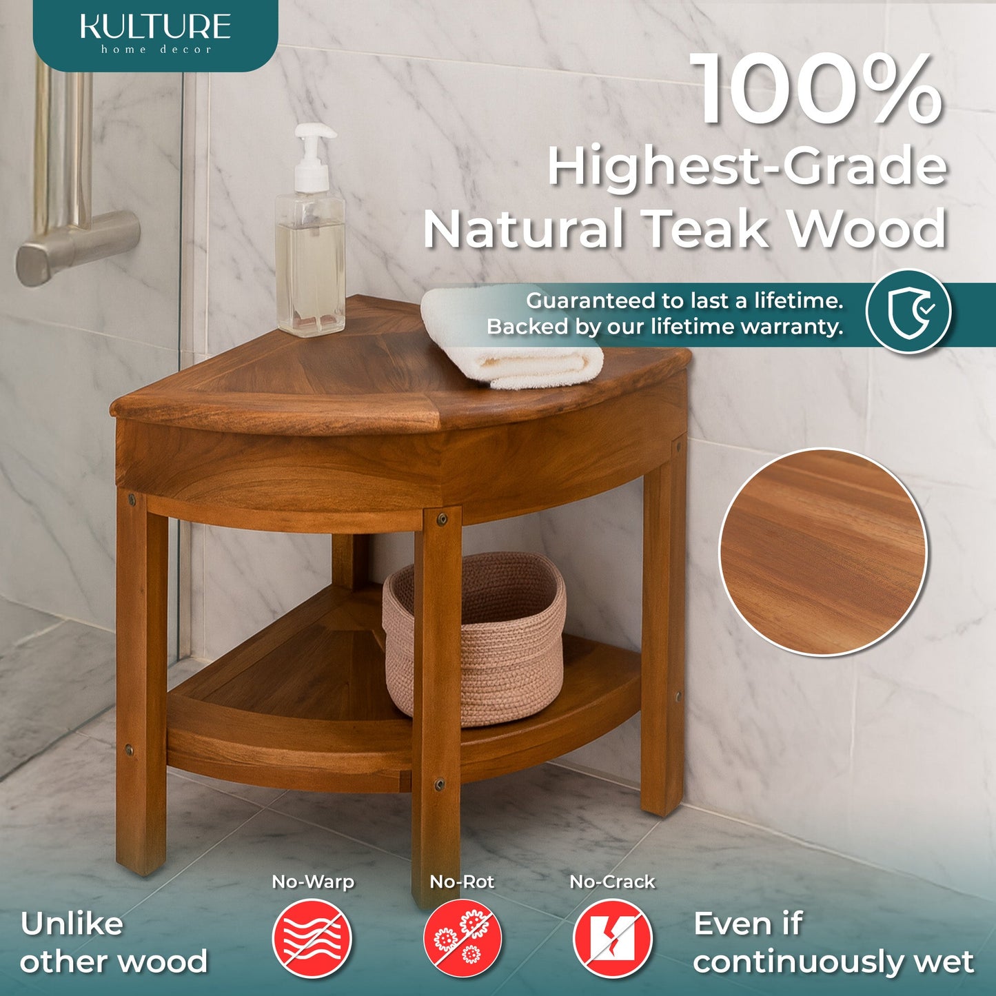 New Teak Shower Corner Bench [with Extra Waterproof Storage] 16 inch