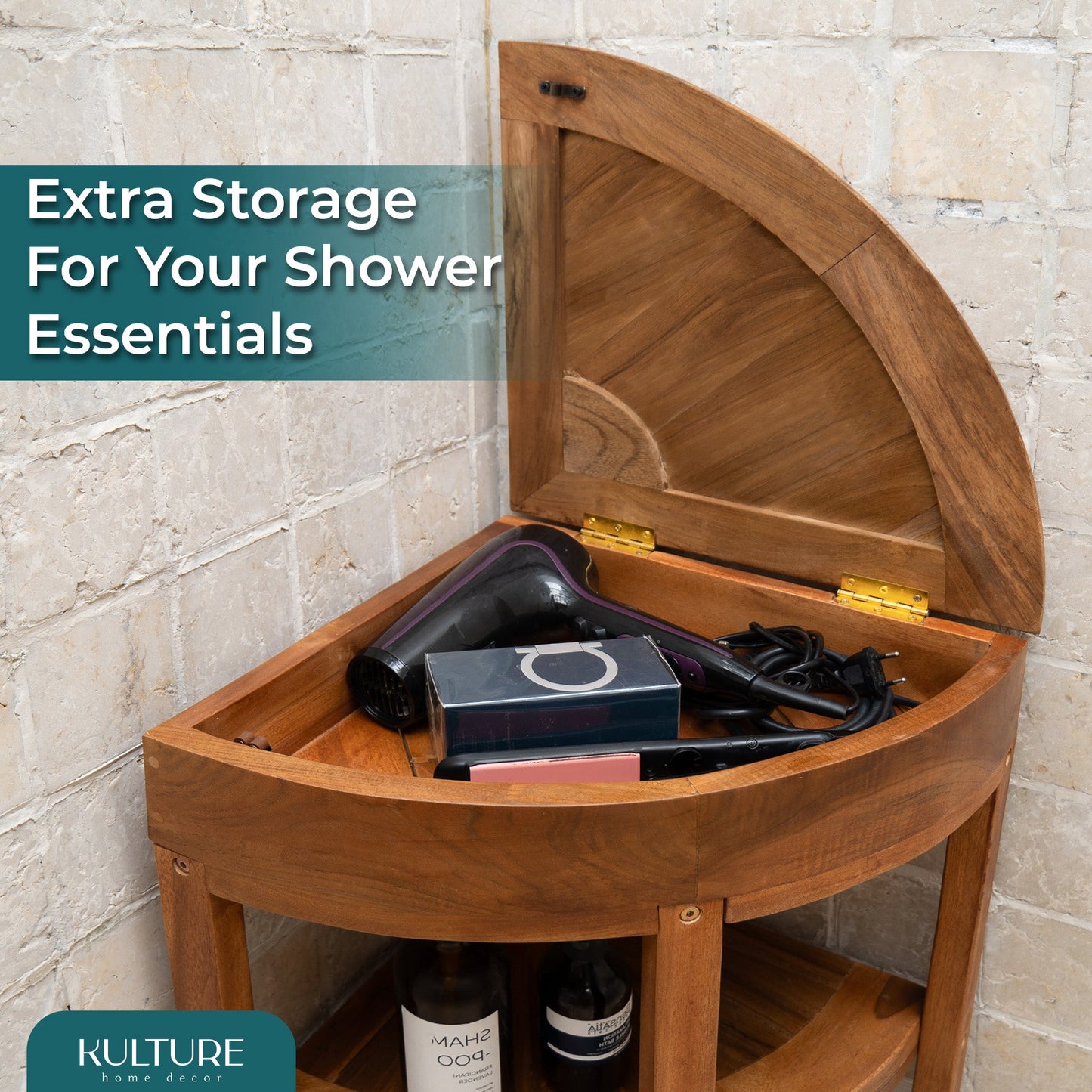 New Teak Shower Corner Bench [with Extra Waterproof Storage] 16 inch