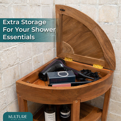 New Teak Shower Corner Bench [with Extra Waterproof Storage] 16 inch