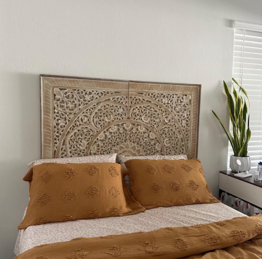 Carved Half Bed Headboard 'Sumber' in Antic Wash