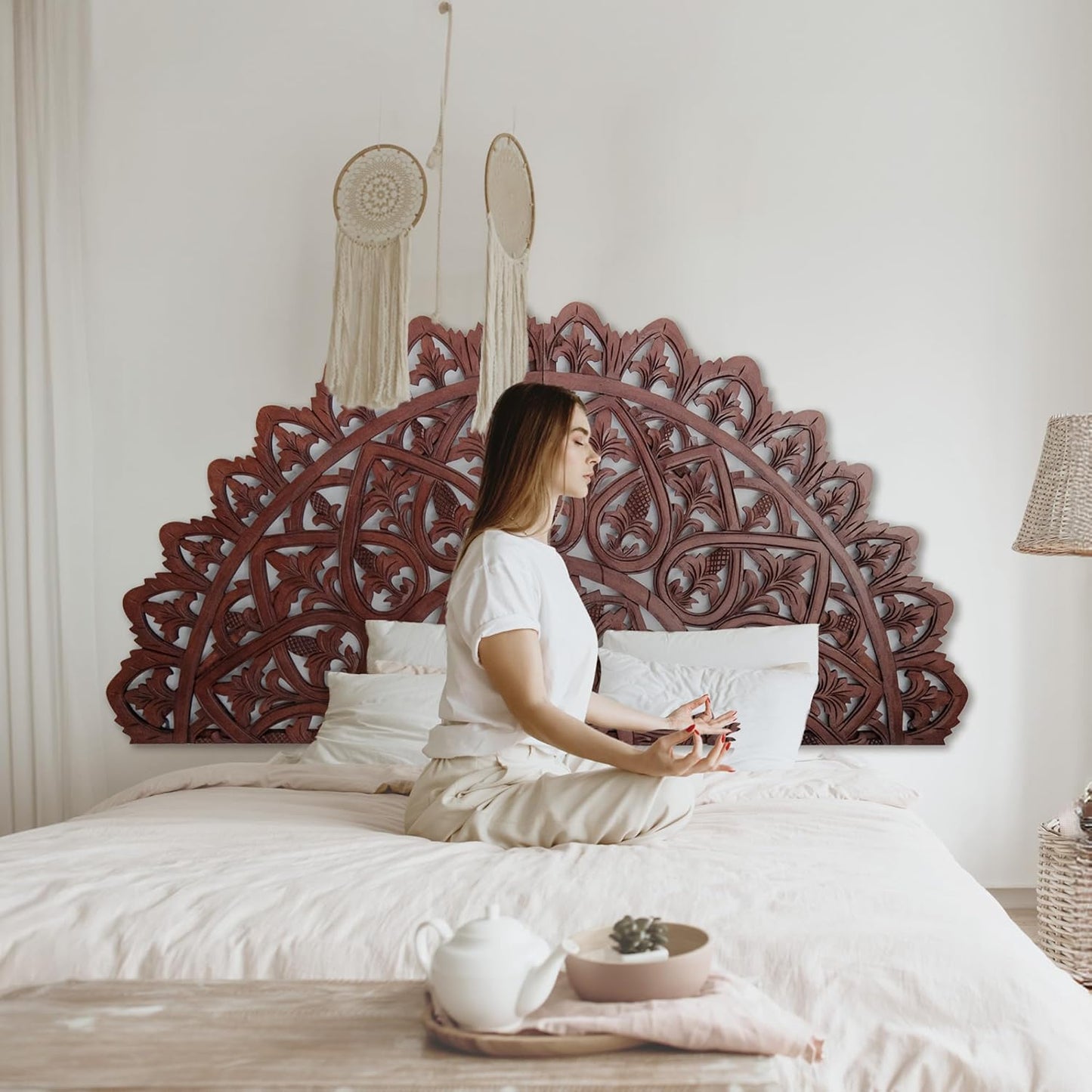 Carved Bed Headboard "Mahkota" - Burgundy Brown