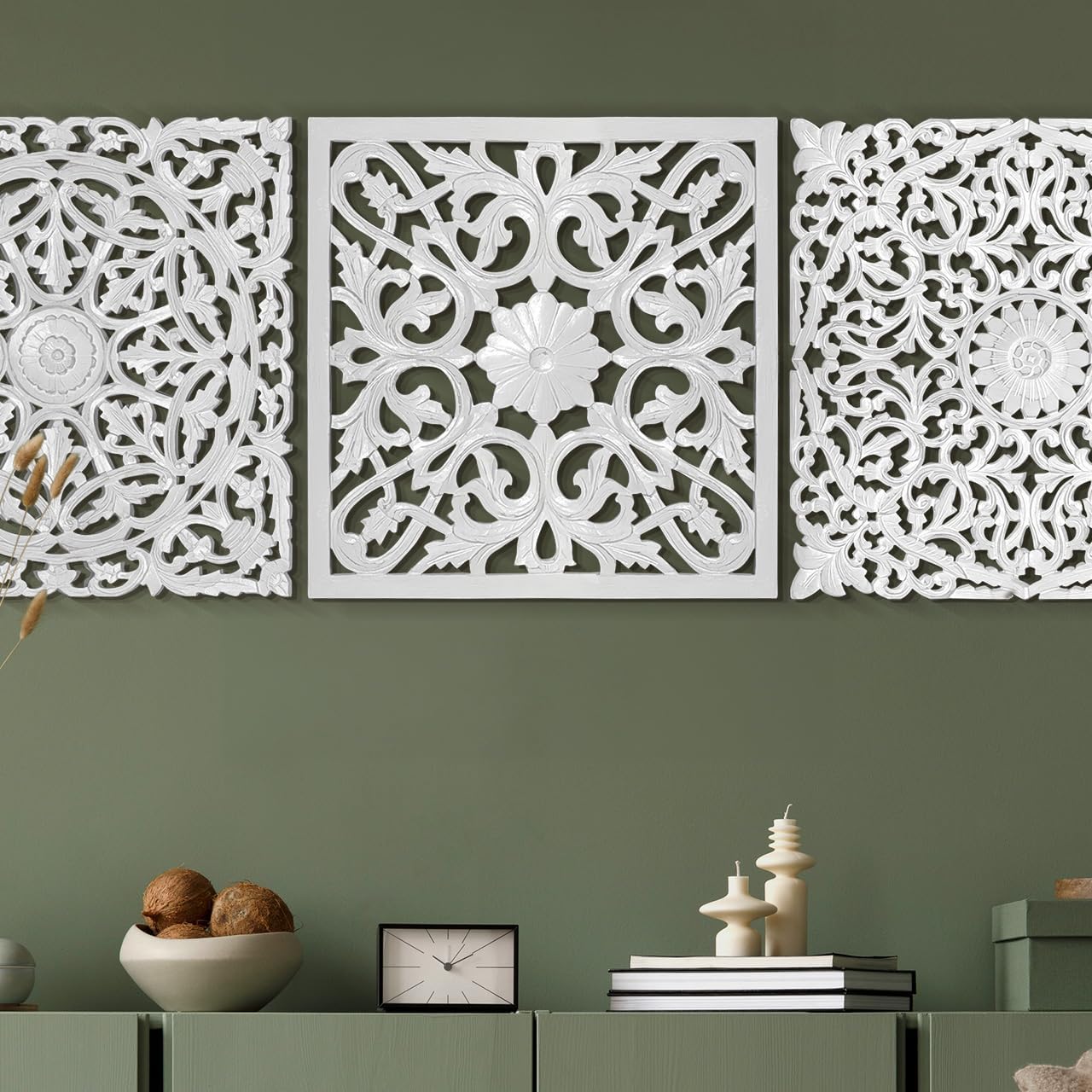 Set of 3 Decorative Panels "Pererenan" - White Wash - 20 x 20 Inches each