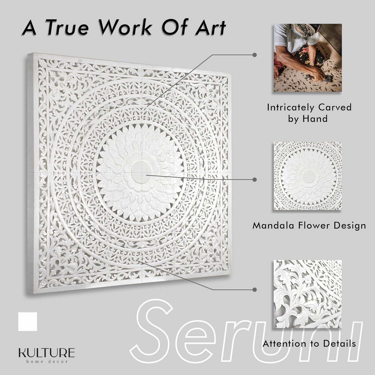 Carved Bed Headboard "Seruni"- White