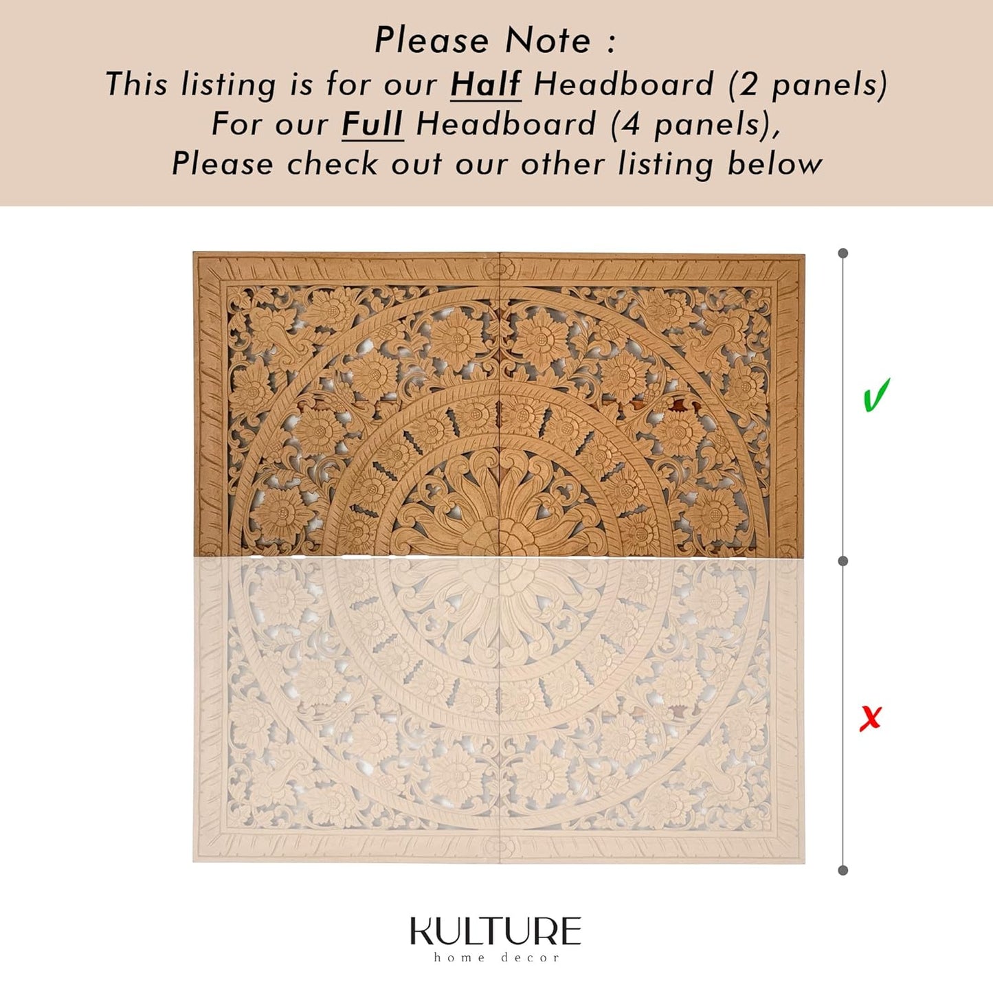 Carved Half Bed Headboard "Dianna" - Natural Brown