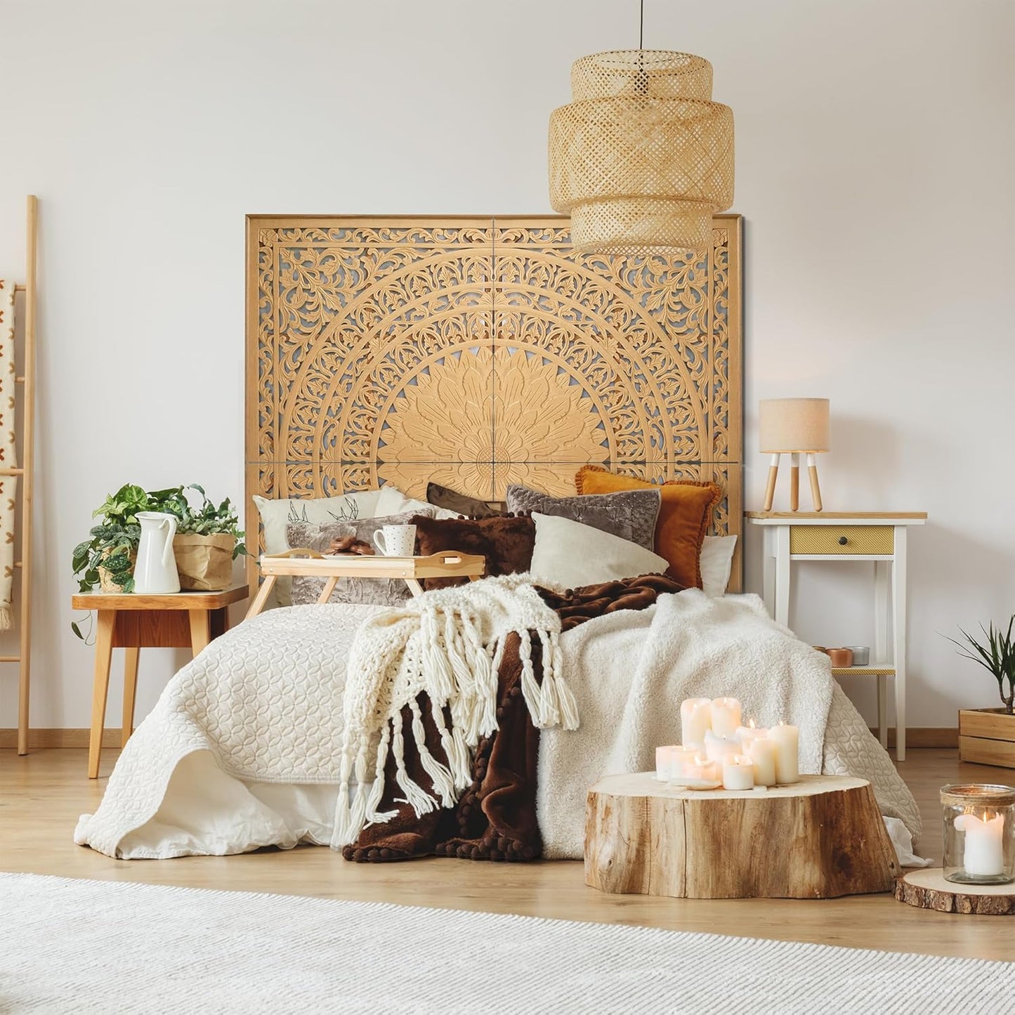 Carved Bed Headboard "Seruni" - Natural Brown
