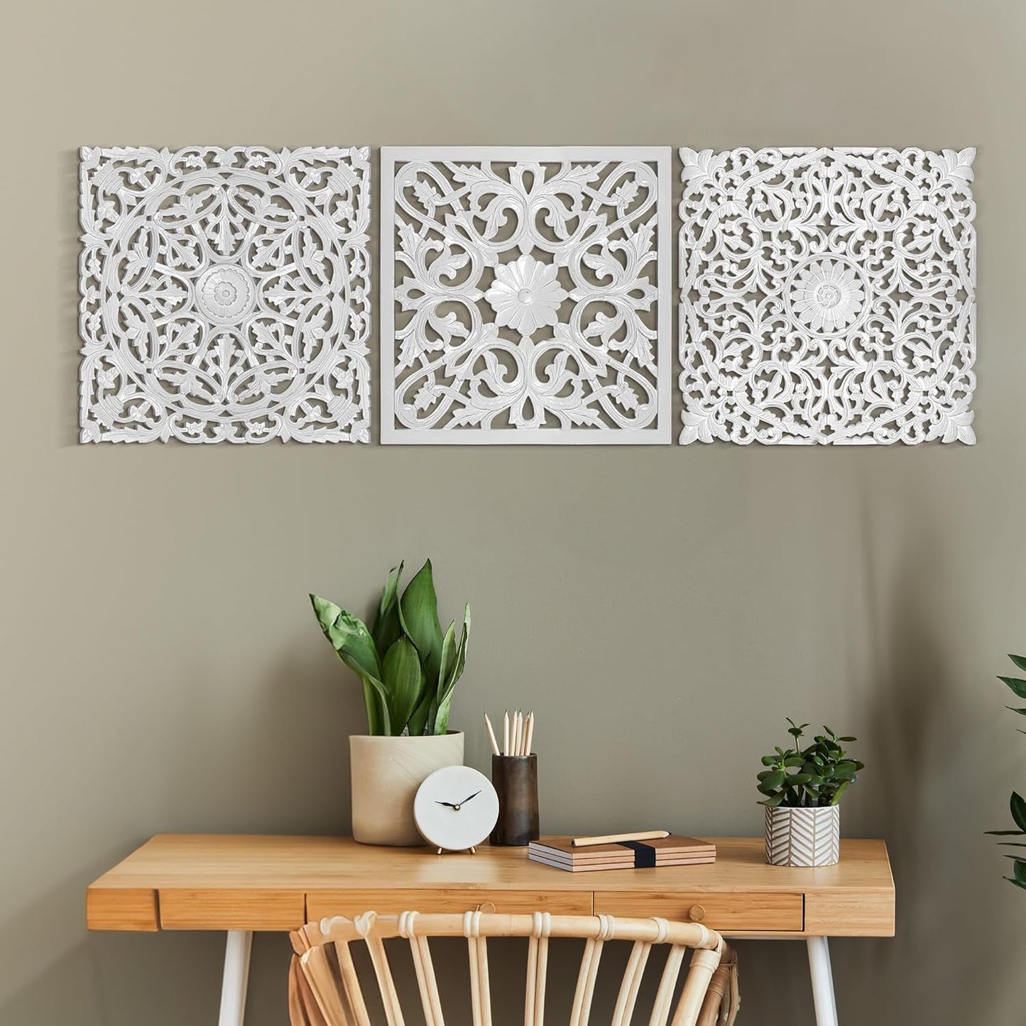 Set of 3 Carved Decorative Panels "Pererenan" - 20 x 20 Inches in White Wash