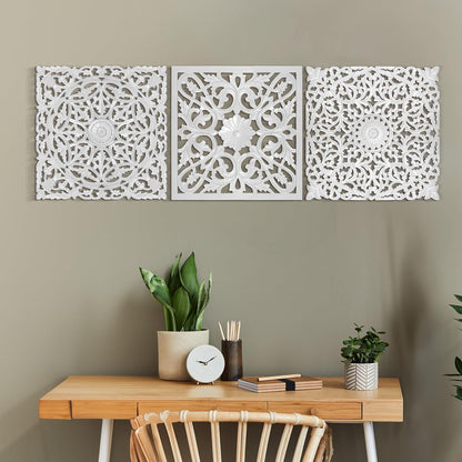 Set of 3 Carved Decorative Panels "Pererenan" - 20 x 20 Inches in White Wash