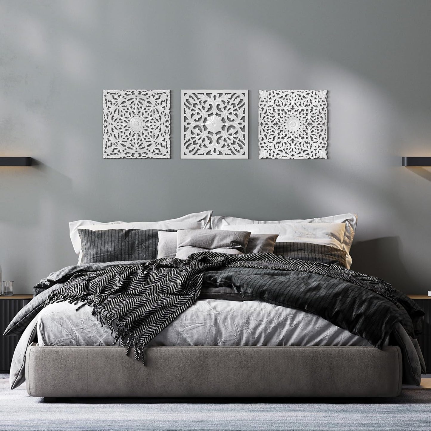 Set of 3 Carved Decorative Panels "Pererenan" - 20 x 20 Inches in White Wash