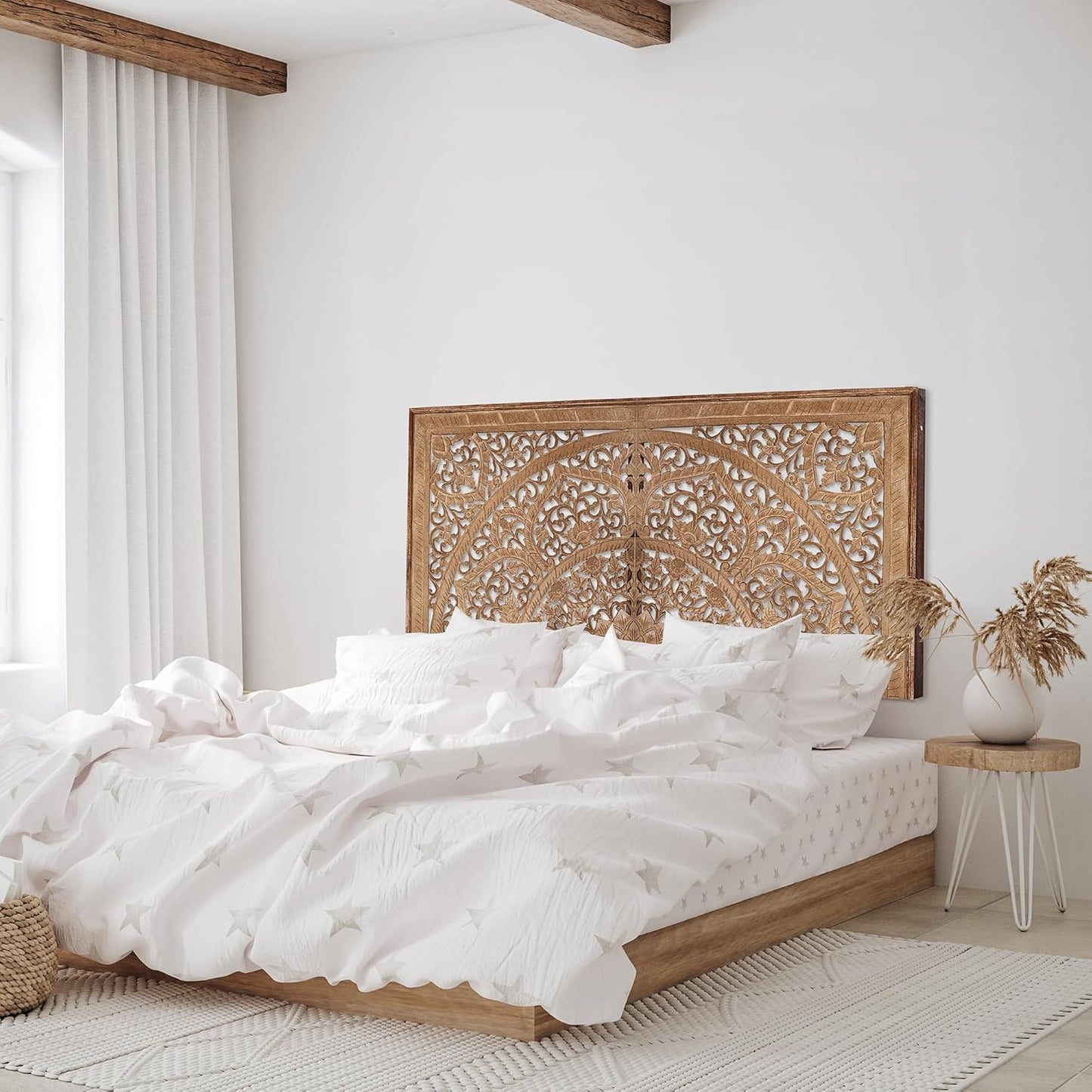 Carved Half Cut Bed Headboard "Sumber" in Natural Brown