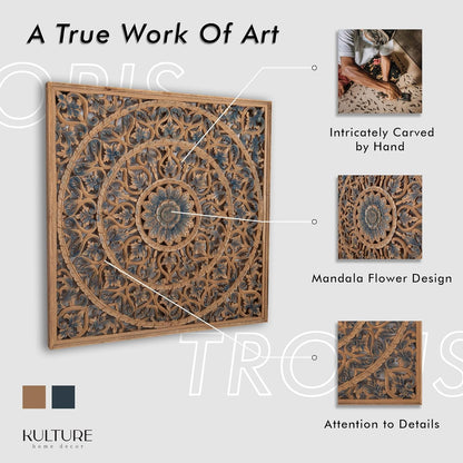 Carved Decorative Panel "Tropis" in Blue & Brown Wash - 40 x 40 Inches