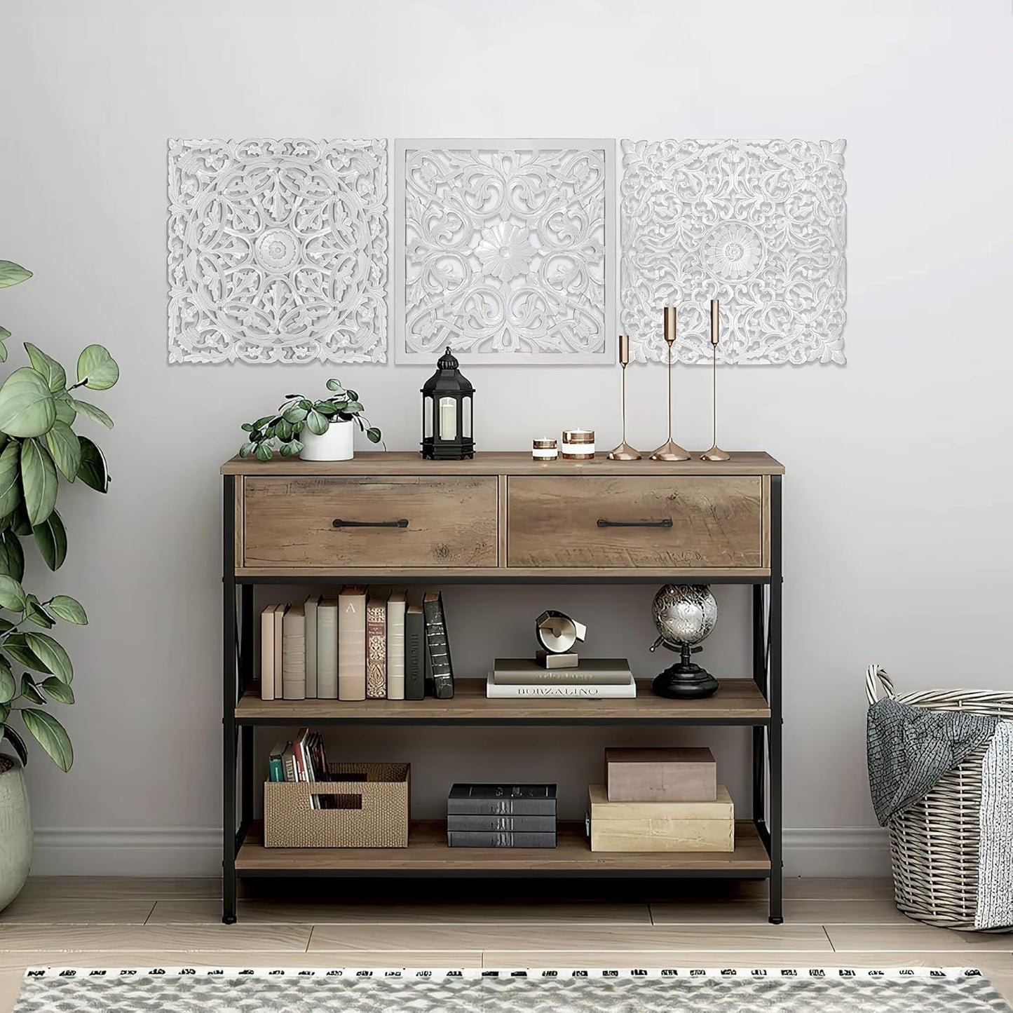 Set of 3 Carved Decorative Panels "Pererenan" - 20 x 20 Inches in White Wash