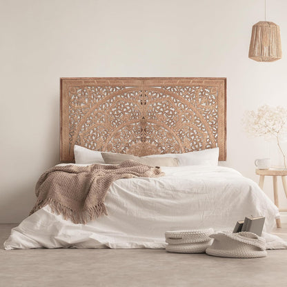 Carved Half Cut Bed Headboard "Sumber" in Natural Brown