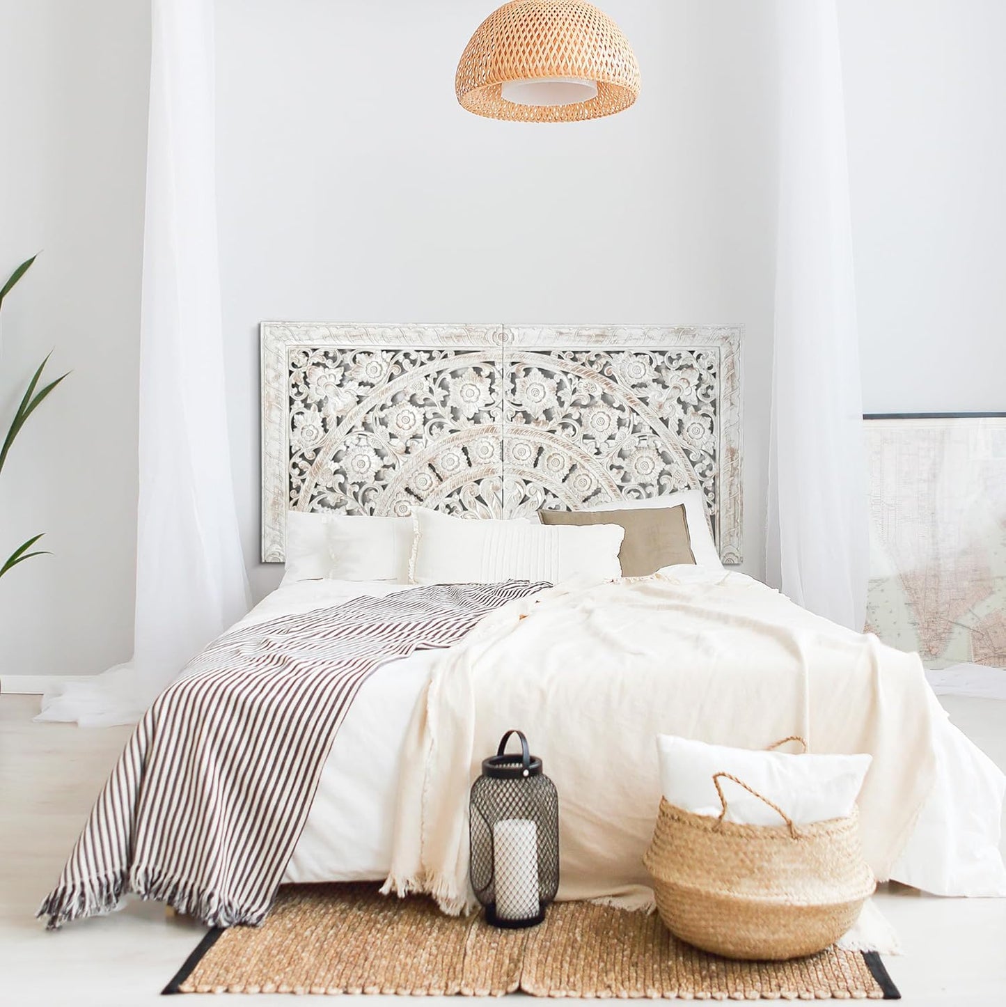 Carved Half Bed Headboard "Dianna" White Wash
