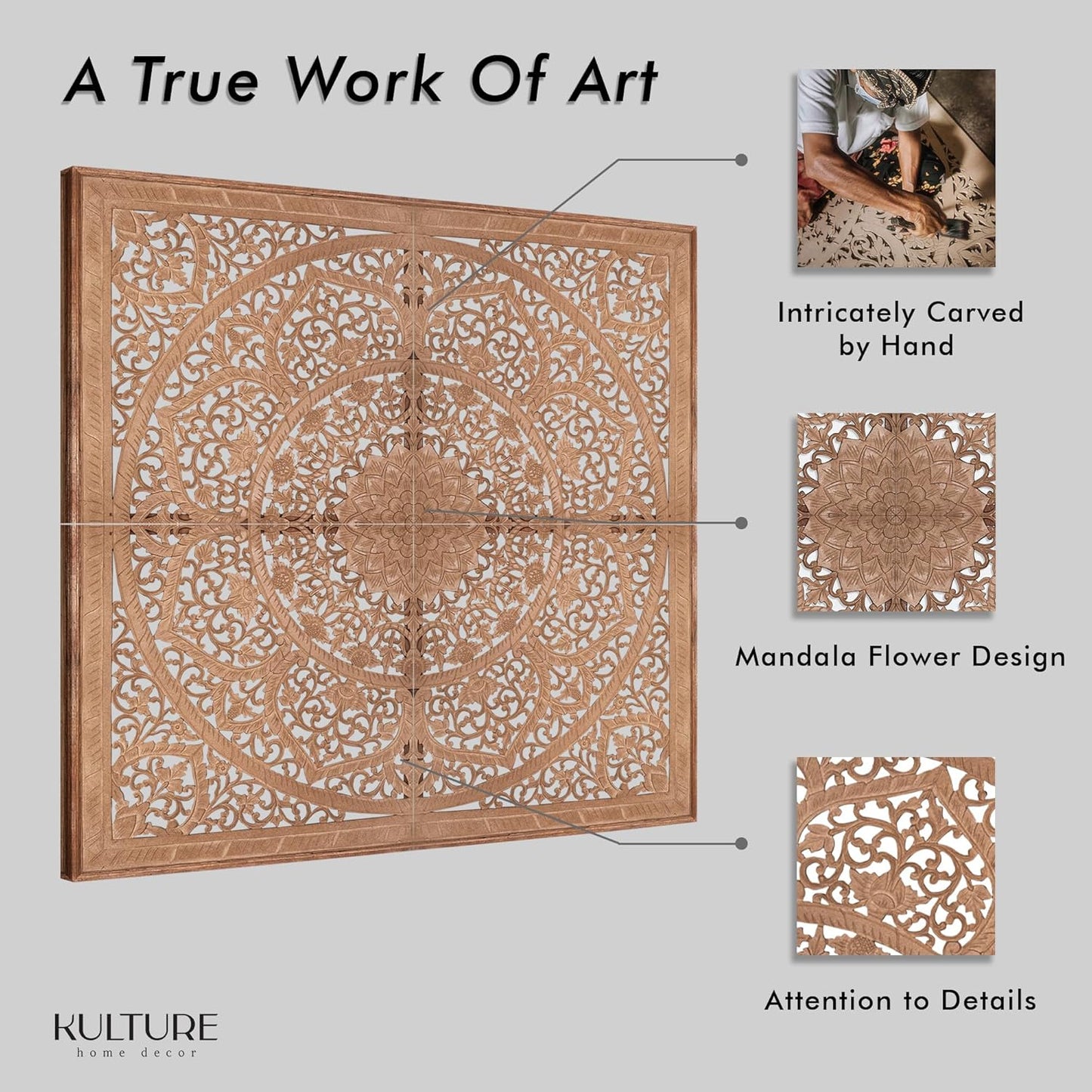 Carved Bed Headboard "Manusa" - Natural Brown