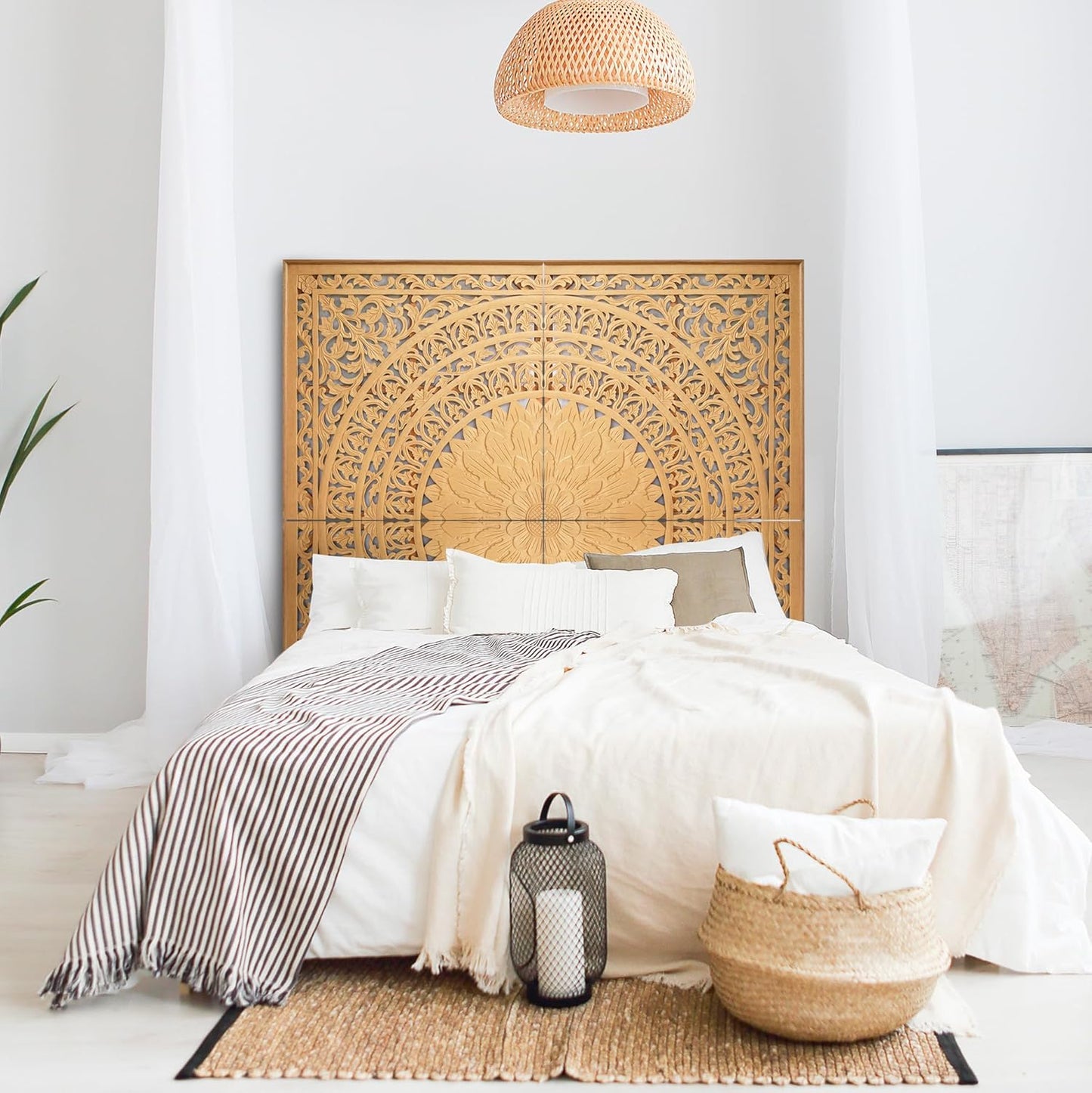 Carved Bed Headboard "Seruni" - Natural Brown