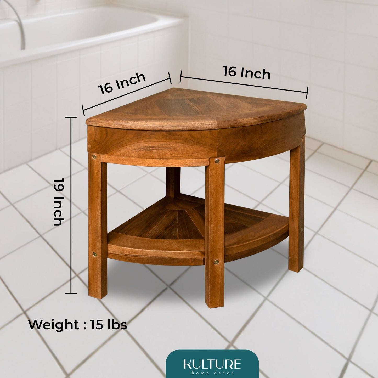 New Teak Shower Corner Bench [with Extra Waterproof Storage] 16 inch