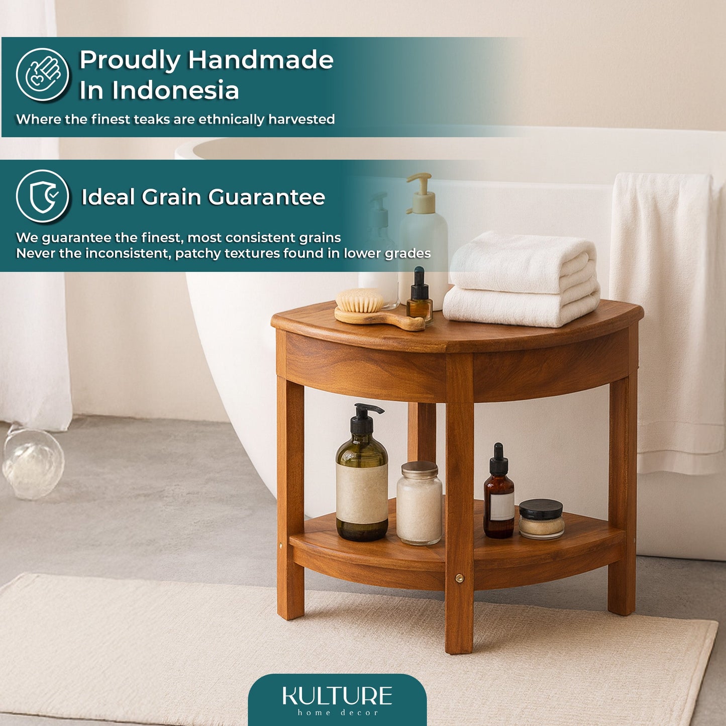 New Teak Shower Corner Bench [with Extra Waterproof Storage] 16 inch
