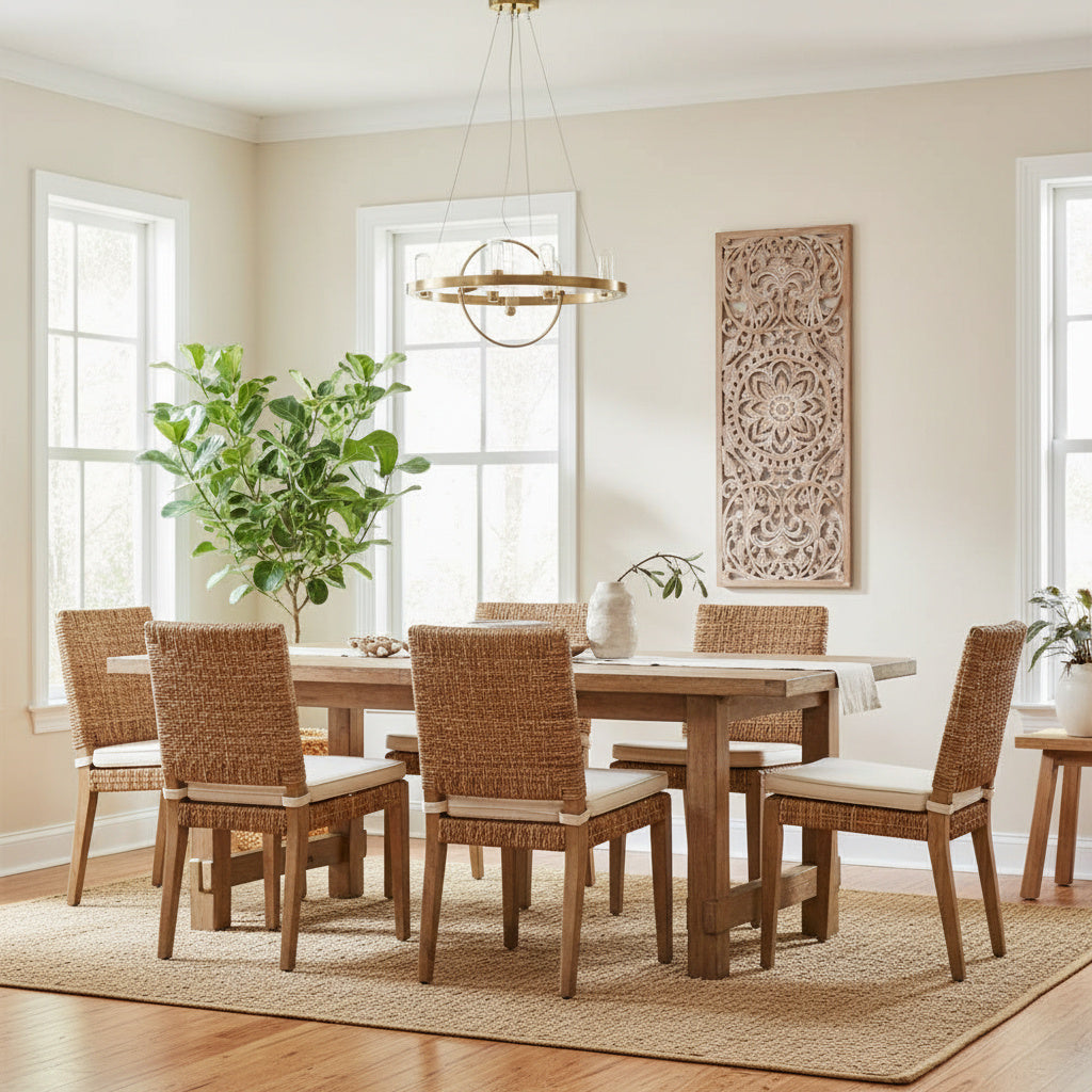 Dining room with wooden table and chairs, decorative wall art, and plants.