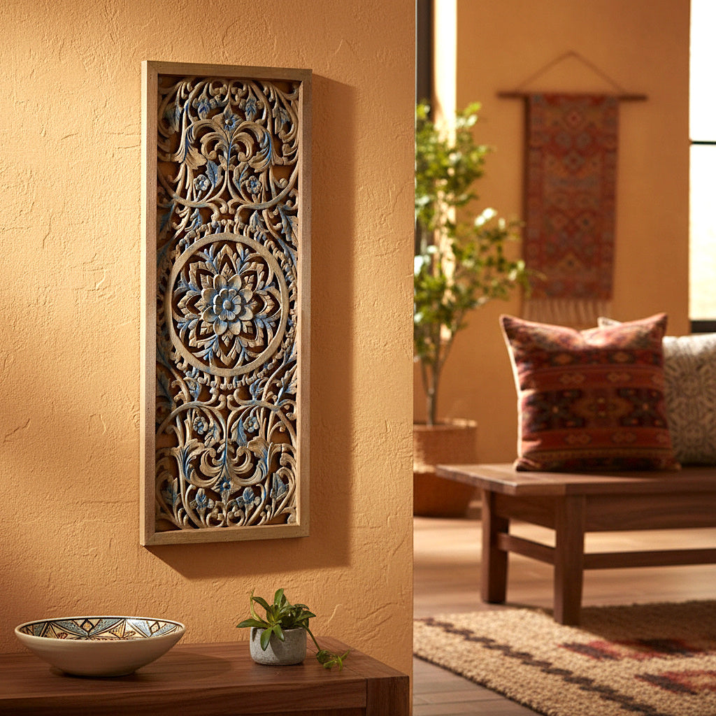Carved Decorative Panel "Amara" - Blue & Natural Wash - 40 Inches