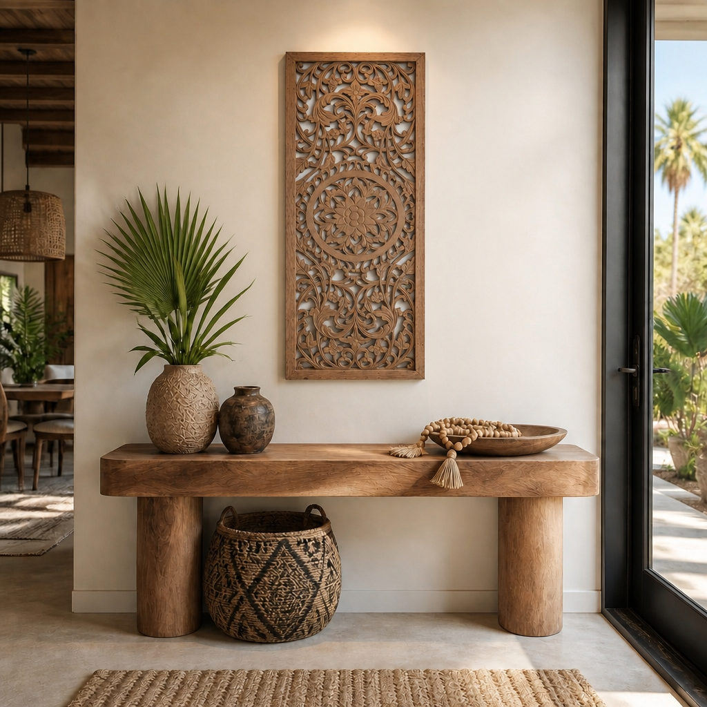 Carved Decorative Panel "Amara" - Natural Brown - 40 x 15 Inches