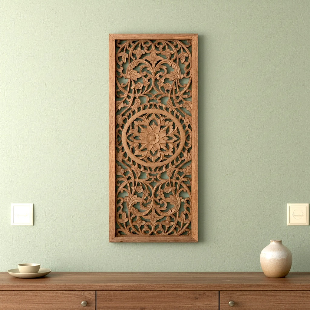 Carved Decorative Panel "Amara" - Natural Brown - 40 x 15 Inches