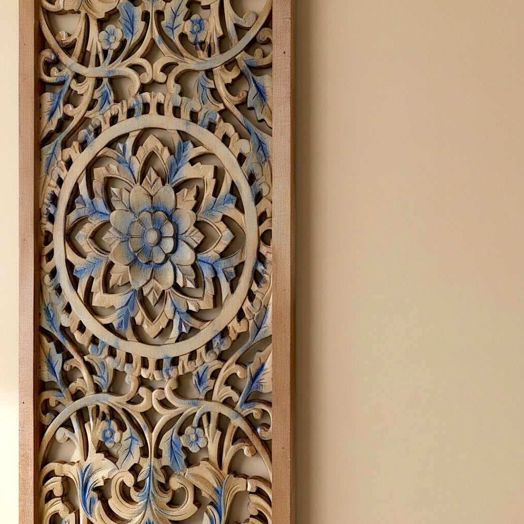 Carved Decorative Panel "Amara" - Blue & Natural Wash - 40 Inches