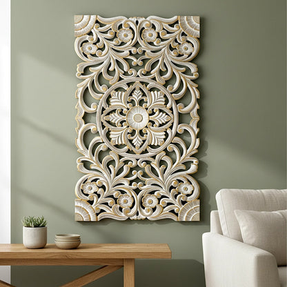Carved Decorative Panel "Azalea" - Gold Antic Wash - 40 x 23 Inches