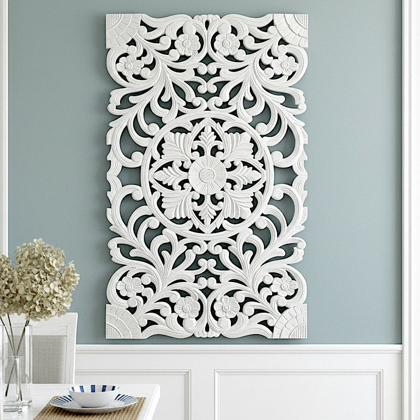 Carved Decorative Panel "Azalea" - White - 40 x 23 Inches