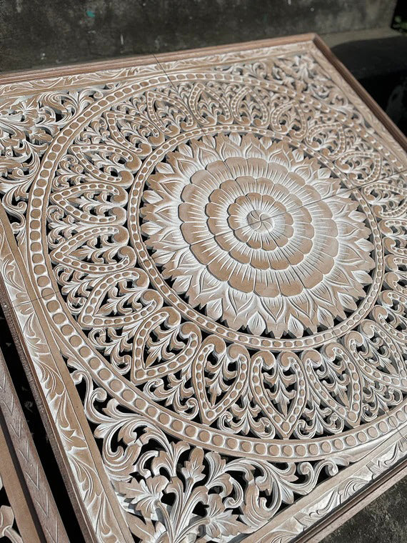 Carved Full Bed Headboard "Cendana" in Antique Wash