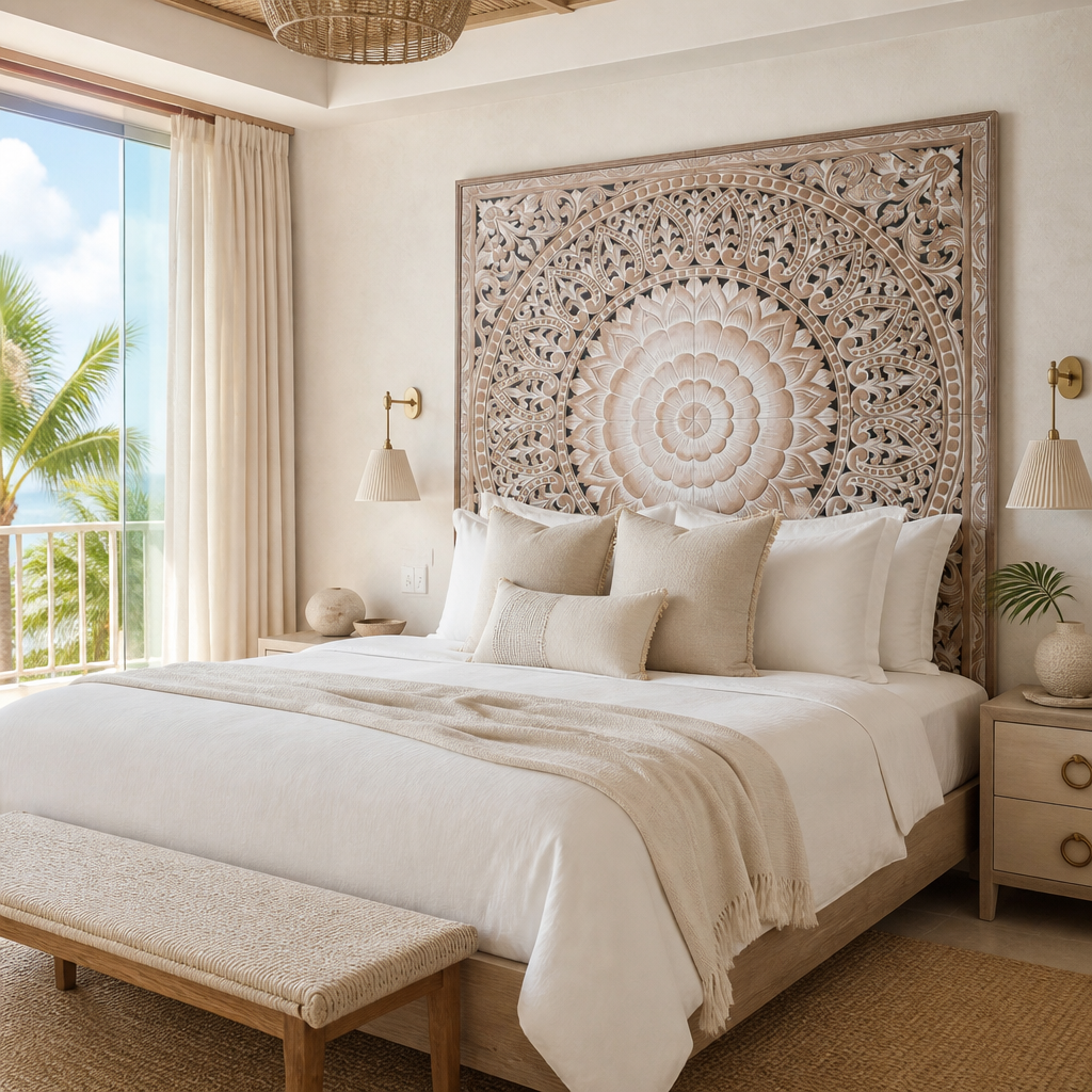 Carved Full Bed Headboard "Cendana" - Antique Wash