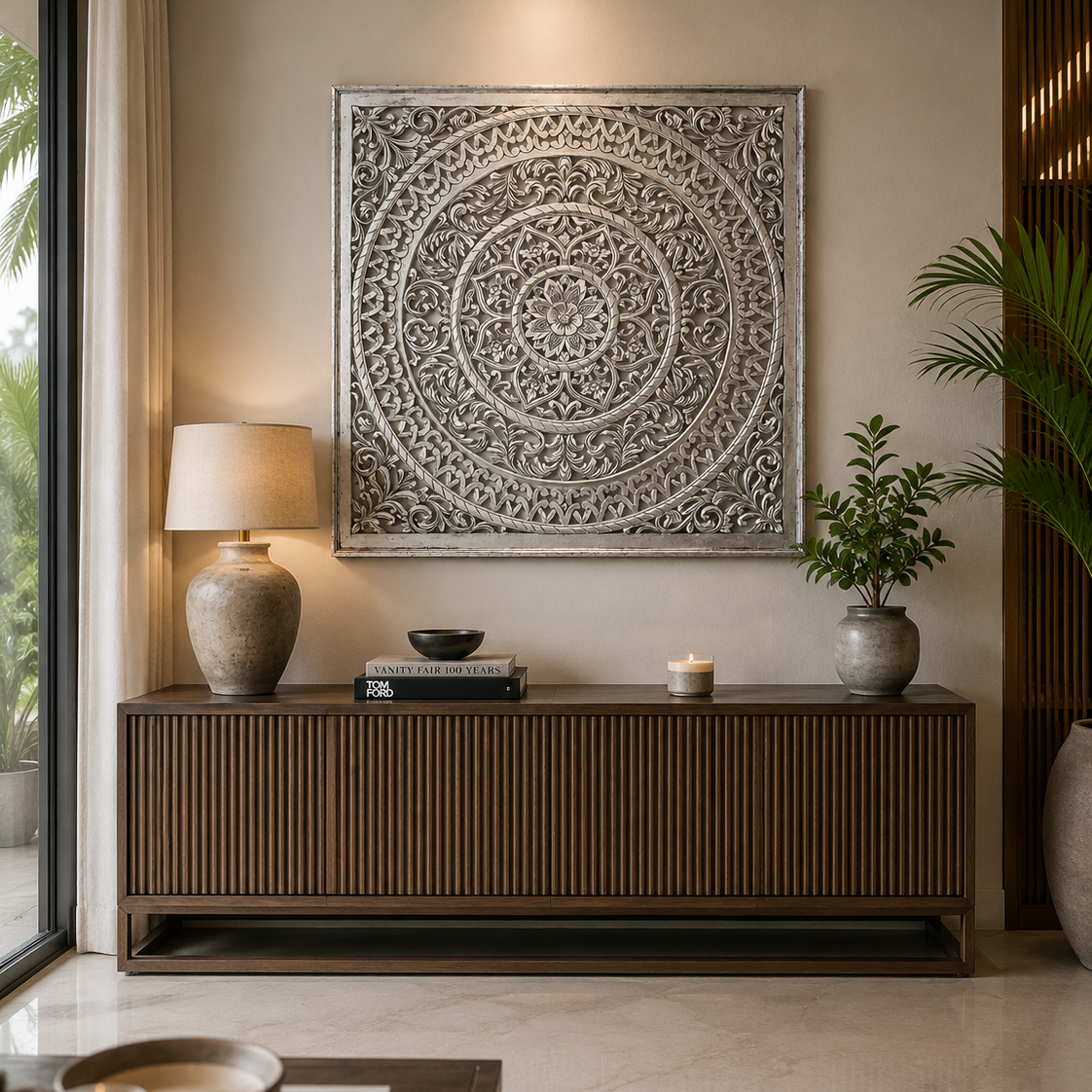 A large square silver-toned carved wall art piece with an intricate mandala design, displayed in a modern living room setting above a dark wood console table.
