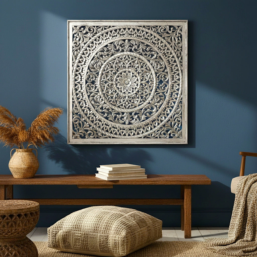 Carved Decorative Panel "Cenik" - 39 x 39 Inches - Silver Wash