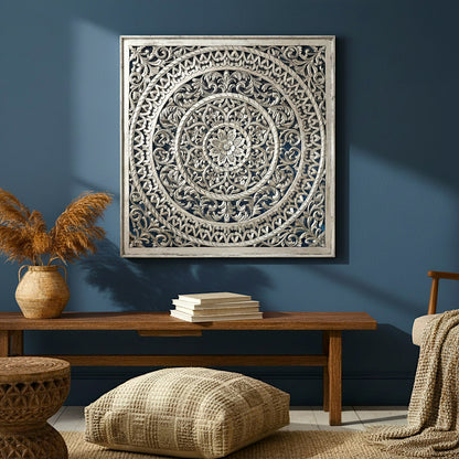 Carved Decorative Panel "Cenik" - 39 x 39 Inches - Silver Wash