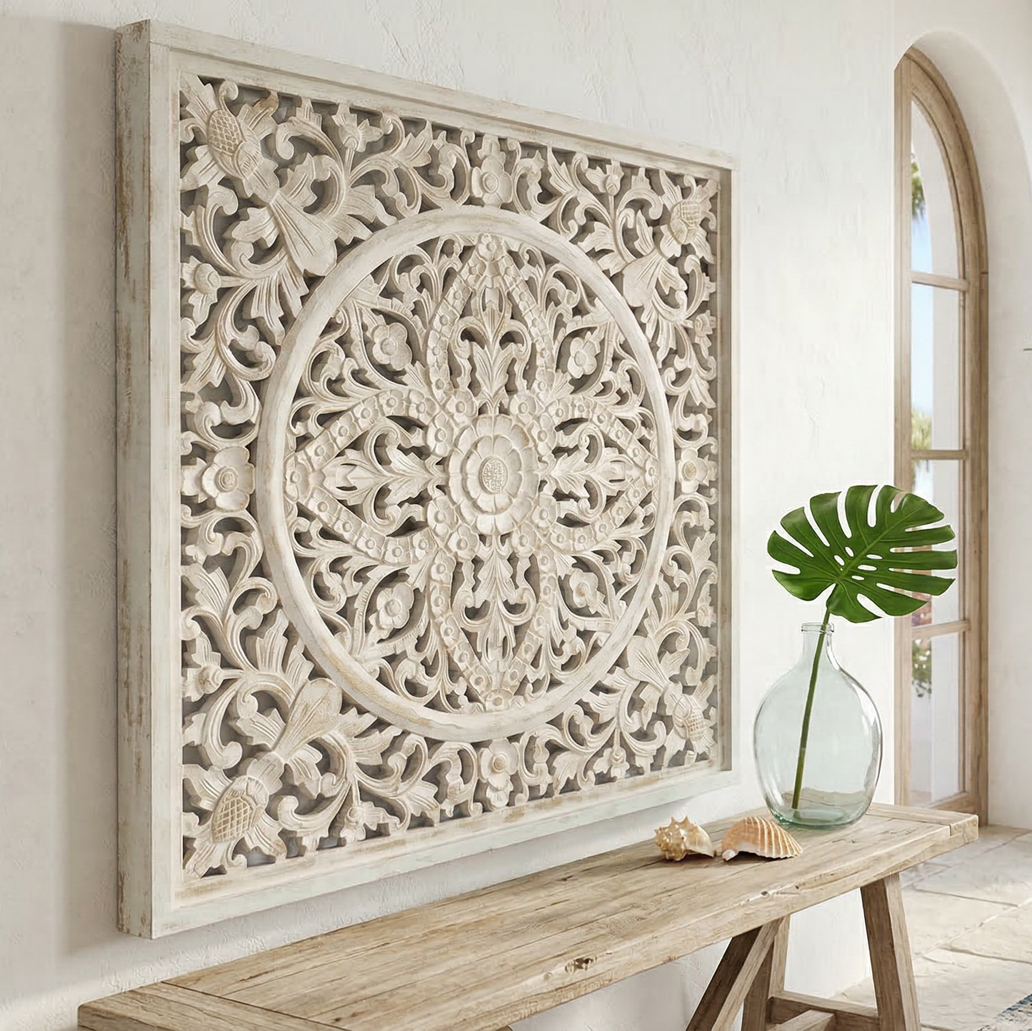 Decorative wall panel in a living room with a couch and plants
