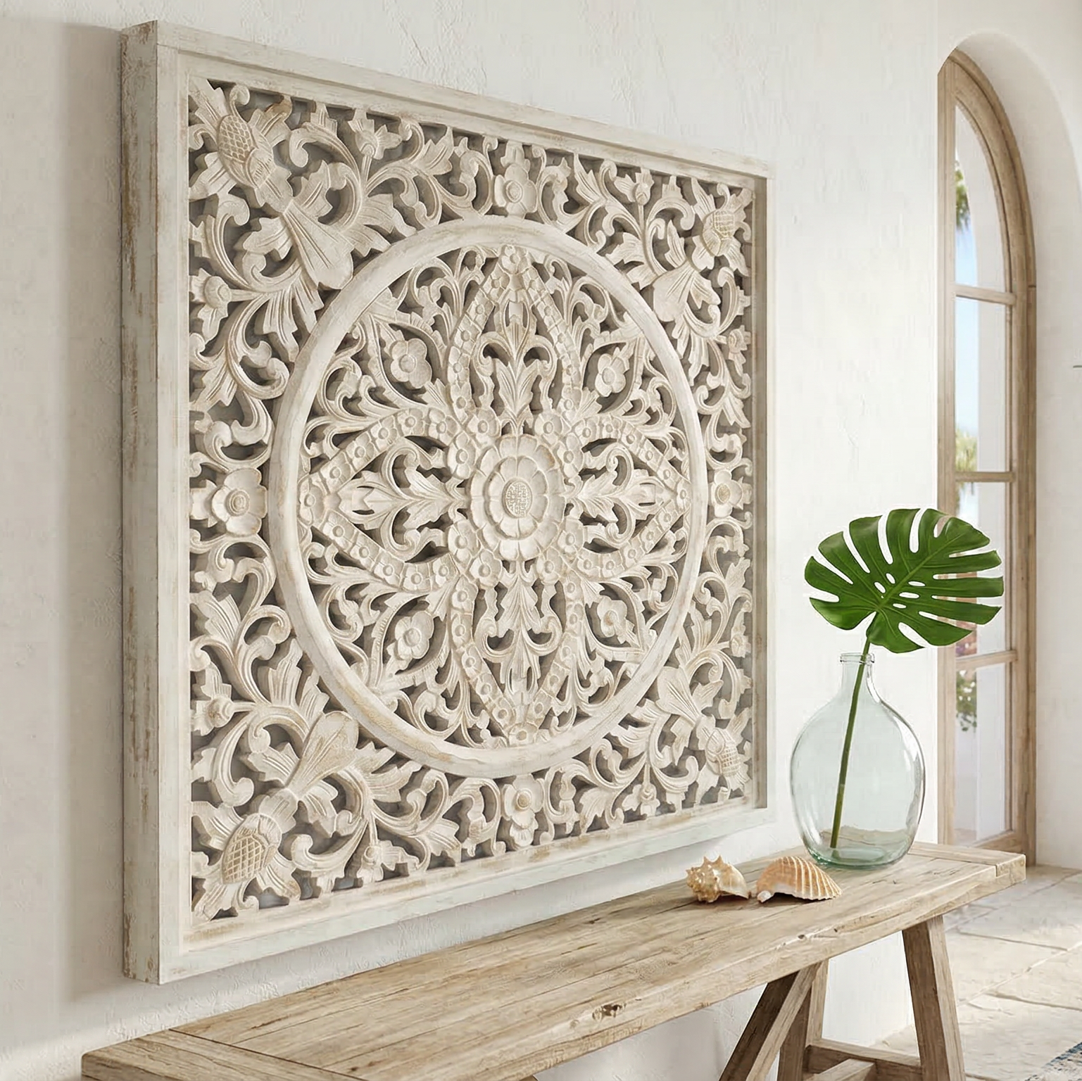 Decorative wall panel in a living room with a couch and plants