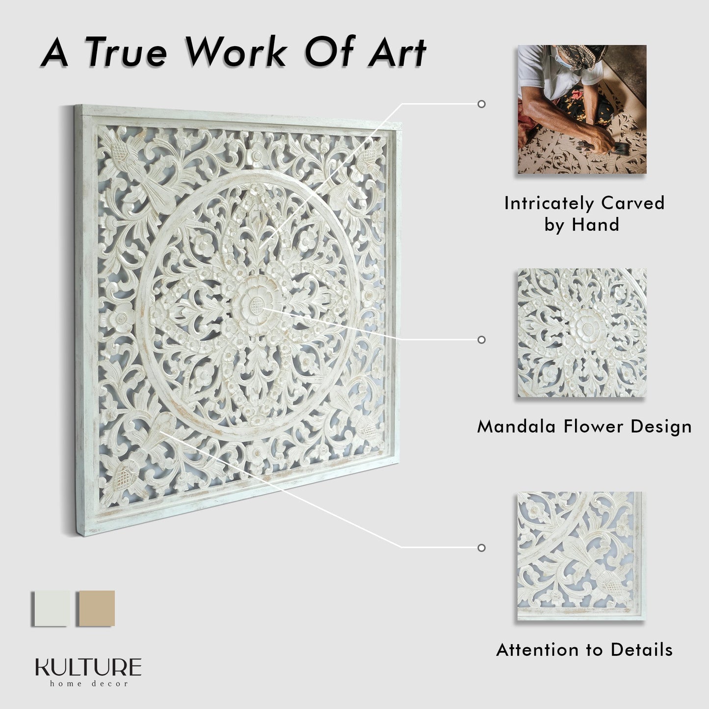 Carved Decorative Panel "Ceningan" - White Wash - 40 Inches