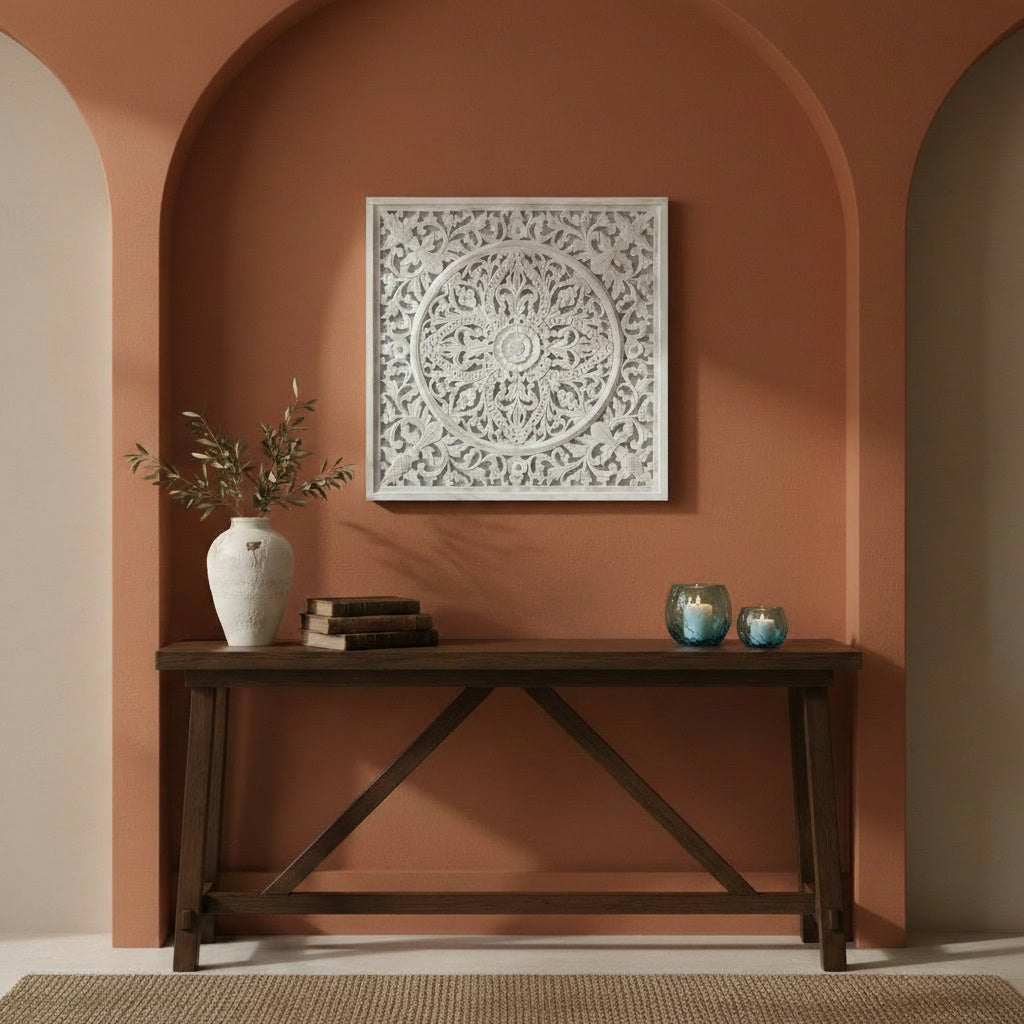 Carved Decorative Panel "Ceningan" - White Wash - 40 Inches