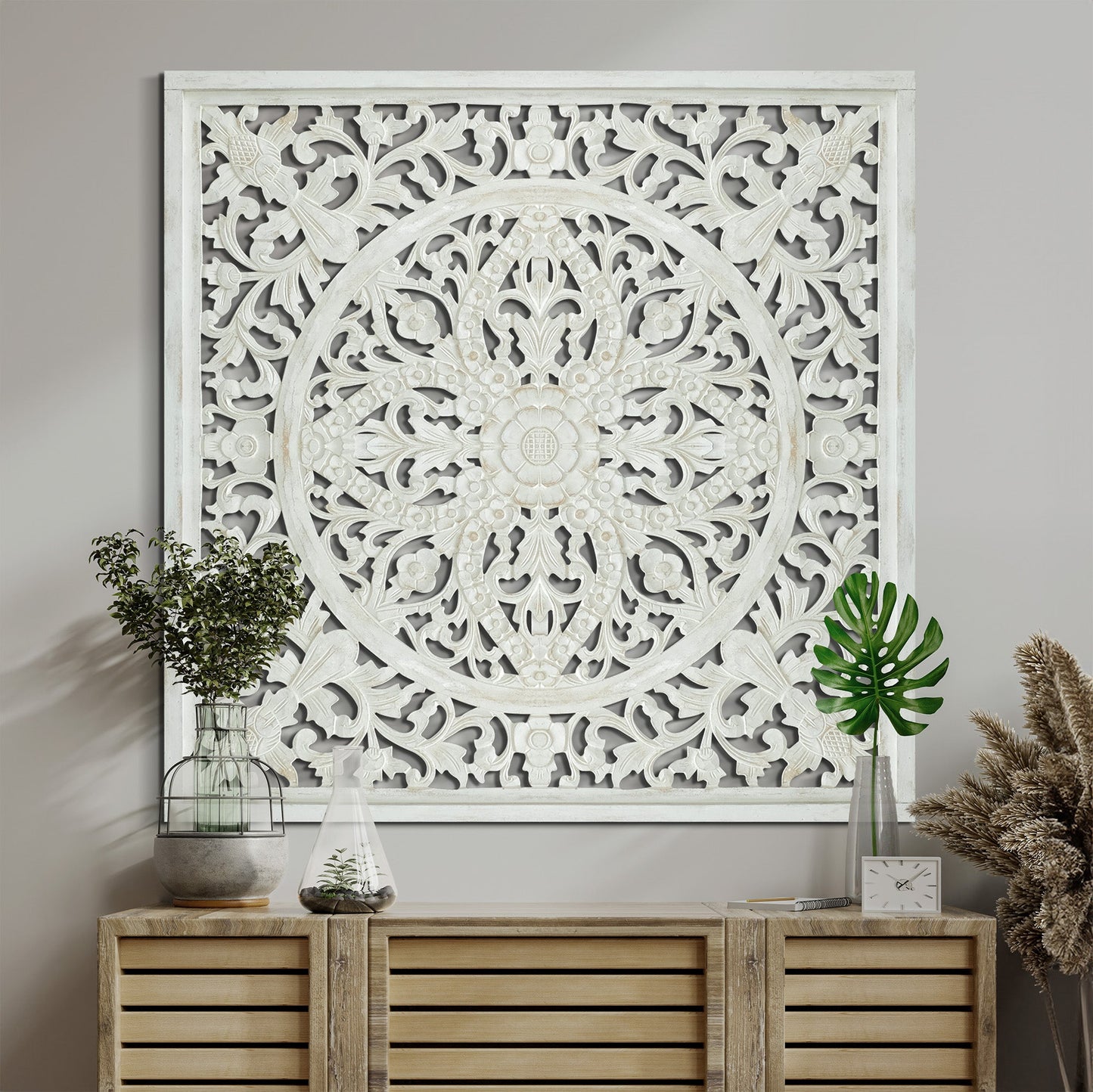 Carved Decorative Panel "Ceningan" - 40x40 inches - White Wash