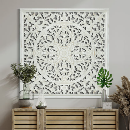 Carved Decorative Panel "Ceningan" - 40x40 inches - White Wash