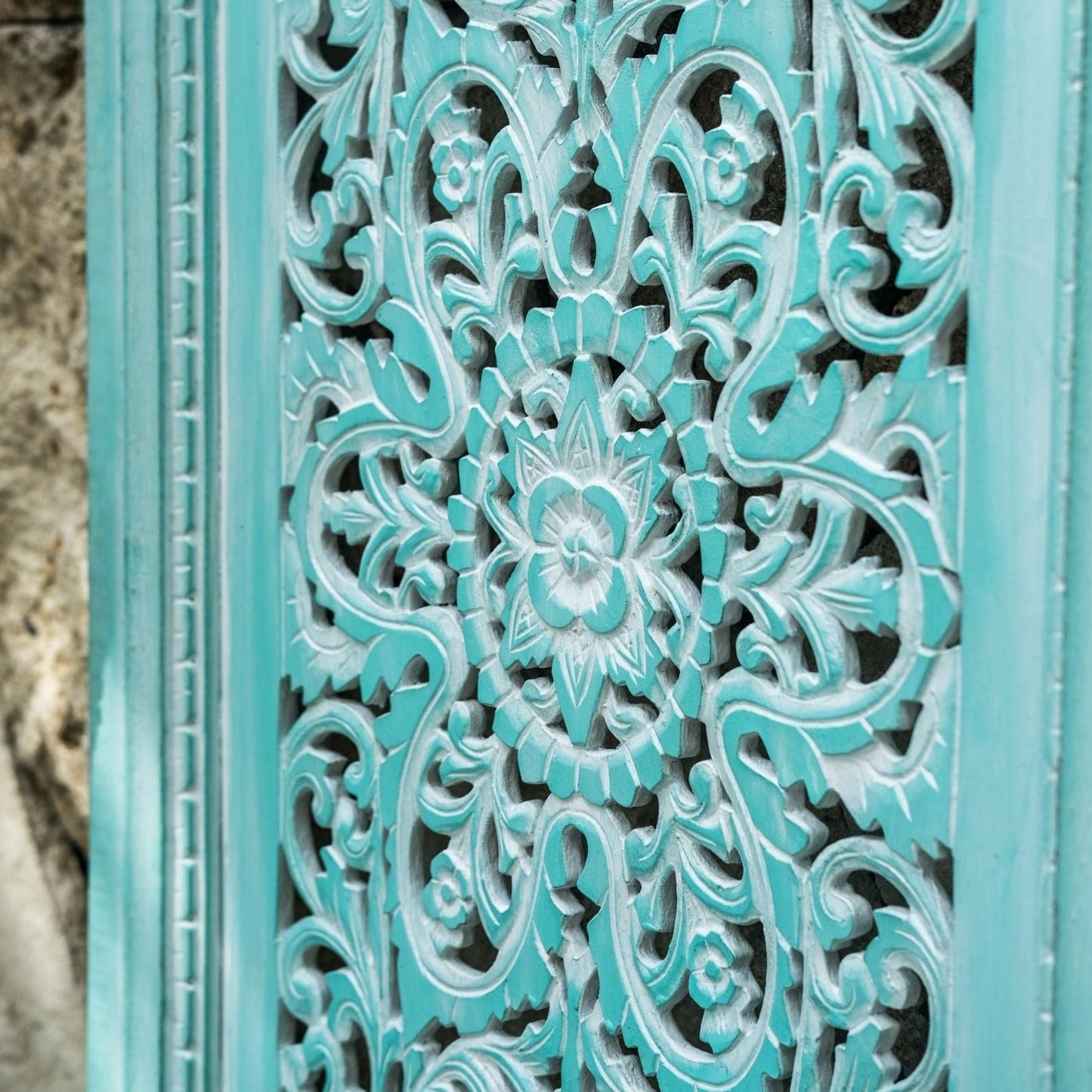 Carved Decorative Panel "Freesia" - White & Green Wash - 35 x 19 Inches