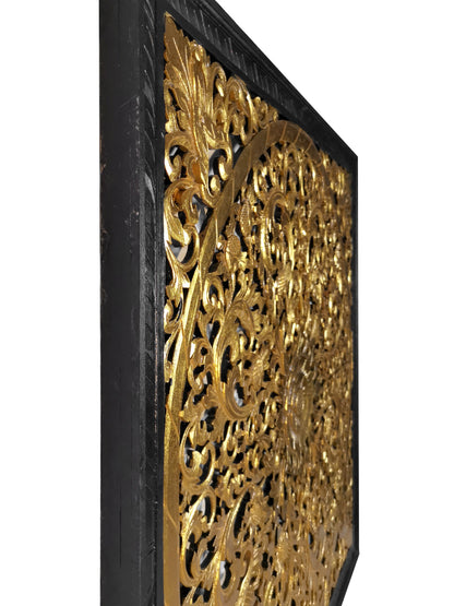 Carved Decorative Panel "Lily" - Gold & Black - 39 x 39 Inches
