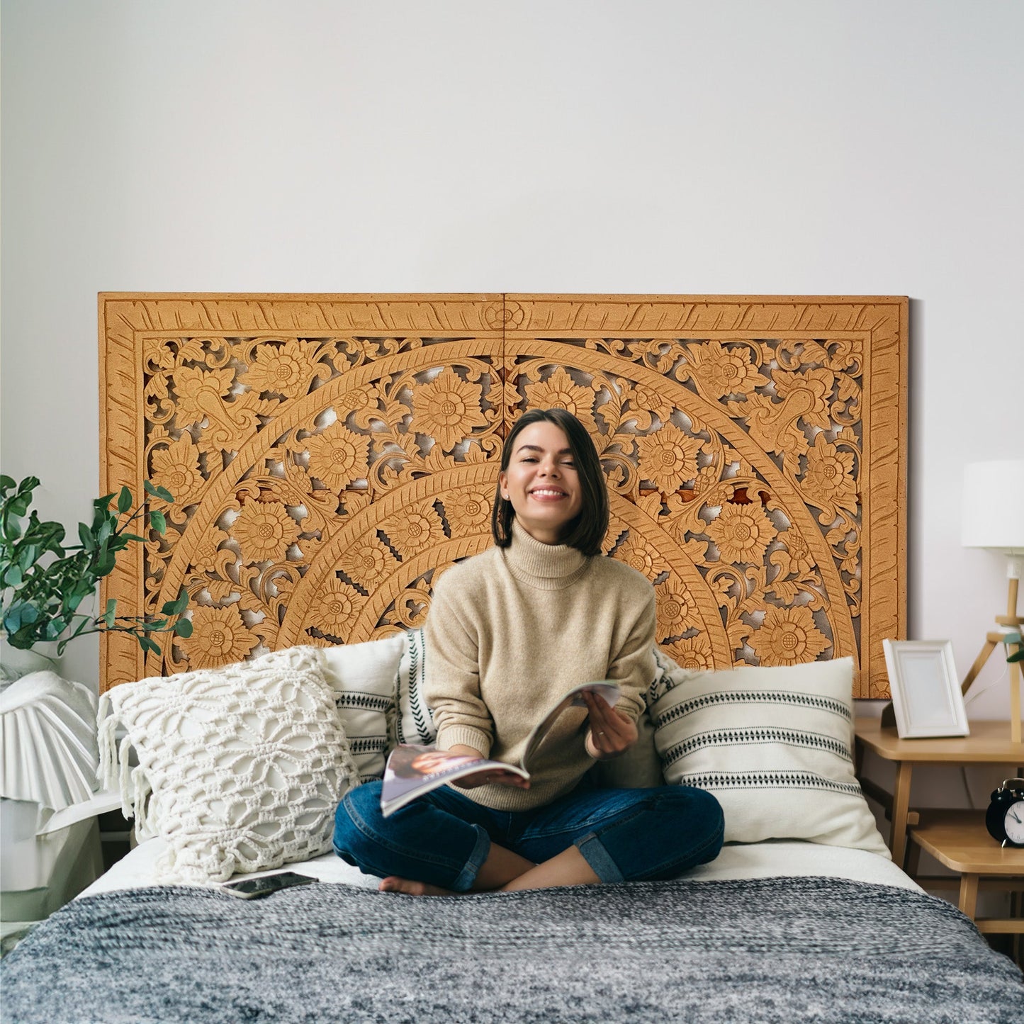 Carved Half Bed Headboard "Dianna" - Natural Brown