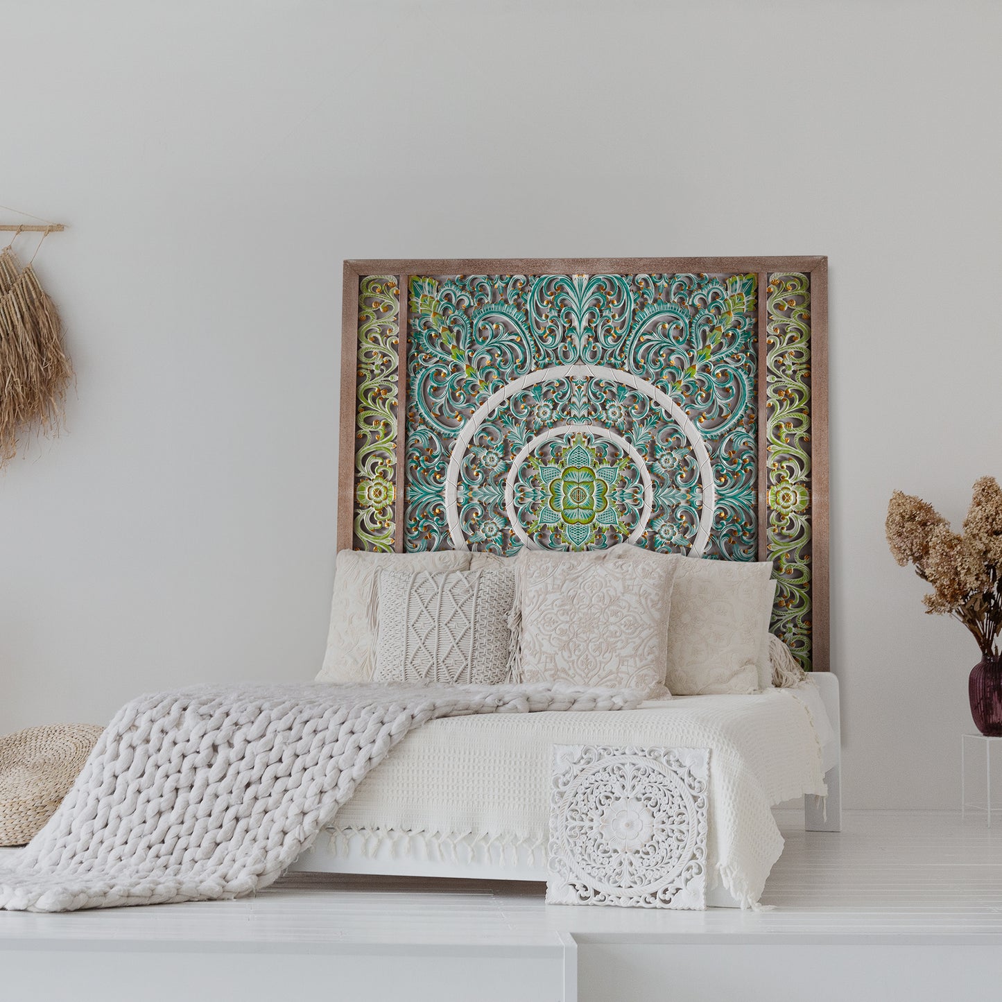 Carved Full Bed Headboard "Emerald" - Multicolor Green