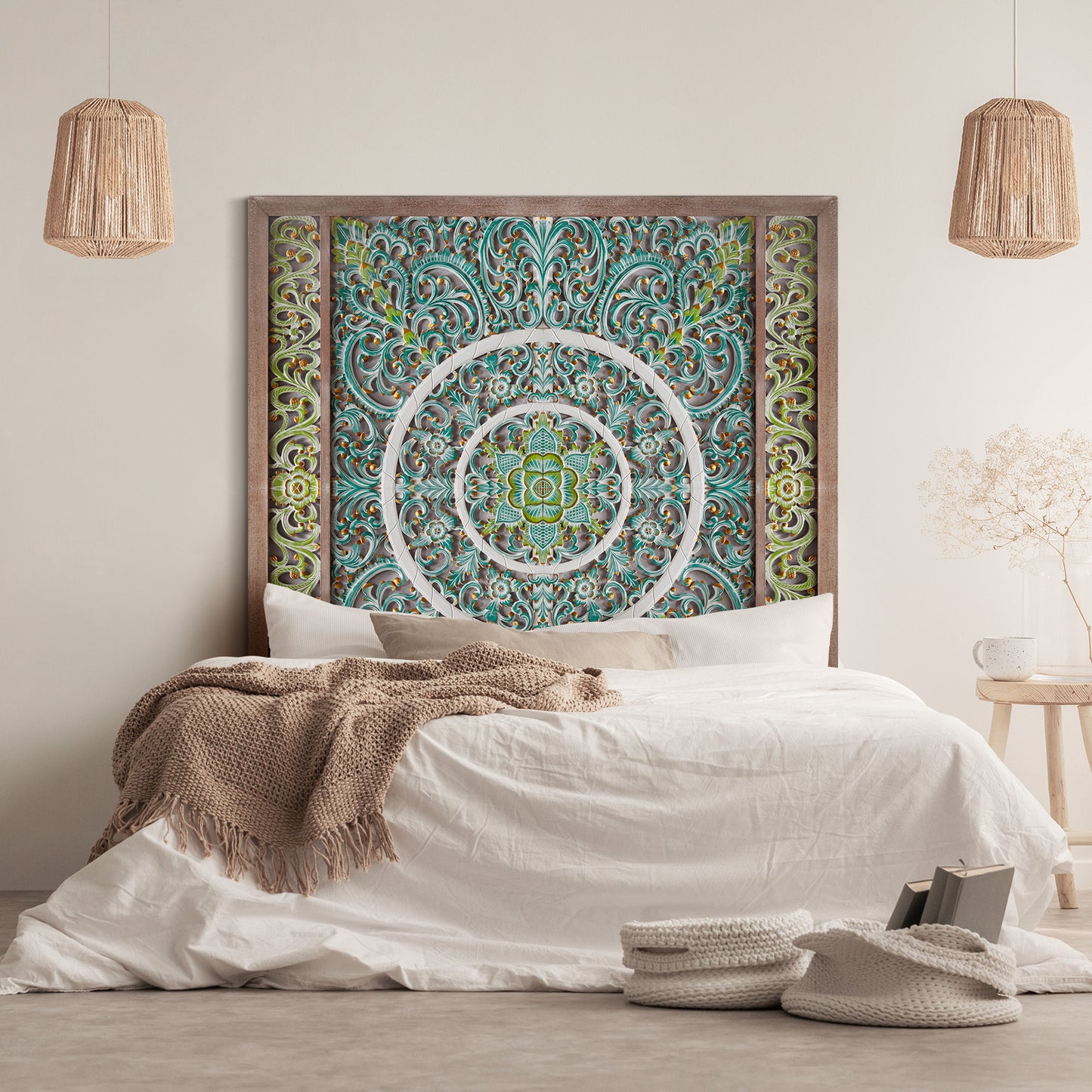 Carved Full Bed Headboard "Emerald" - Multicolor Green