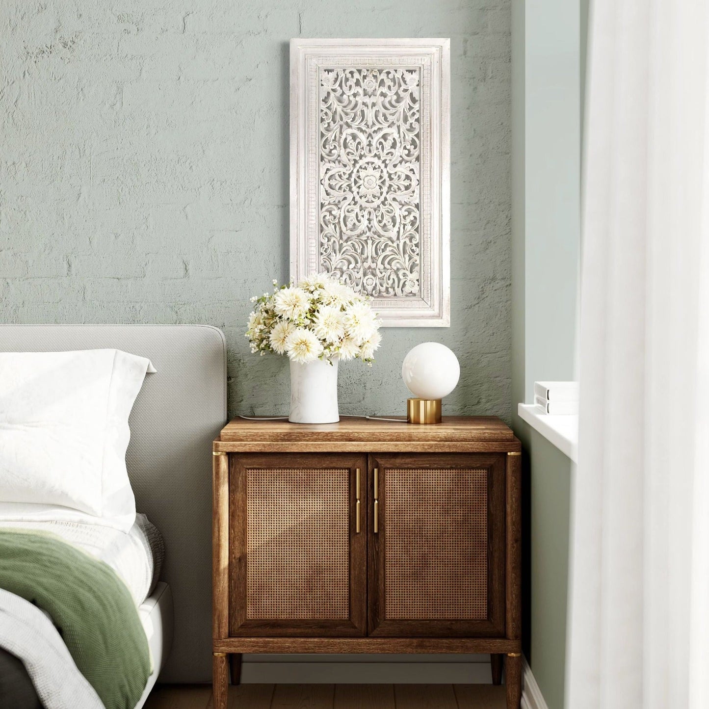 Carved Decorative Panel "Freesia" - White & Green Wash - 35 x 19 Inches